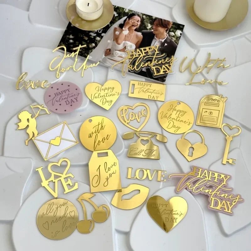 8/10Pcs Gold Farbe ins Stil Valentinstag Cupcake Dekoration Kennzeichnung Hochzeit Acryl Kuchen Topper Dekoration Liebe buchstaben Flagge Image