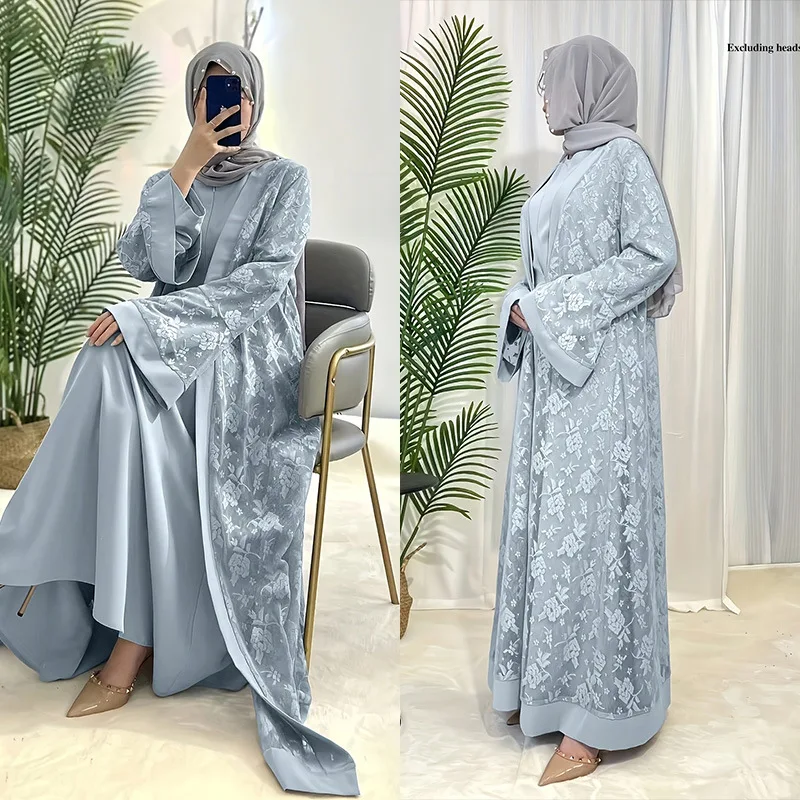 Muslimisches Eid-Kleid, offener Abaya-Anzug, Damen-Kleider, Strickjacke, Robe, 2-teiliges Set, Vestidos, Blumendruck, Kaftan, Jalabiya, Ramadan, Dubai Image