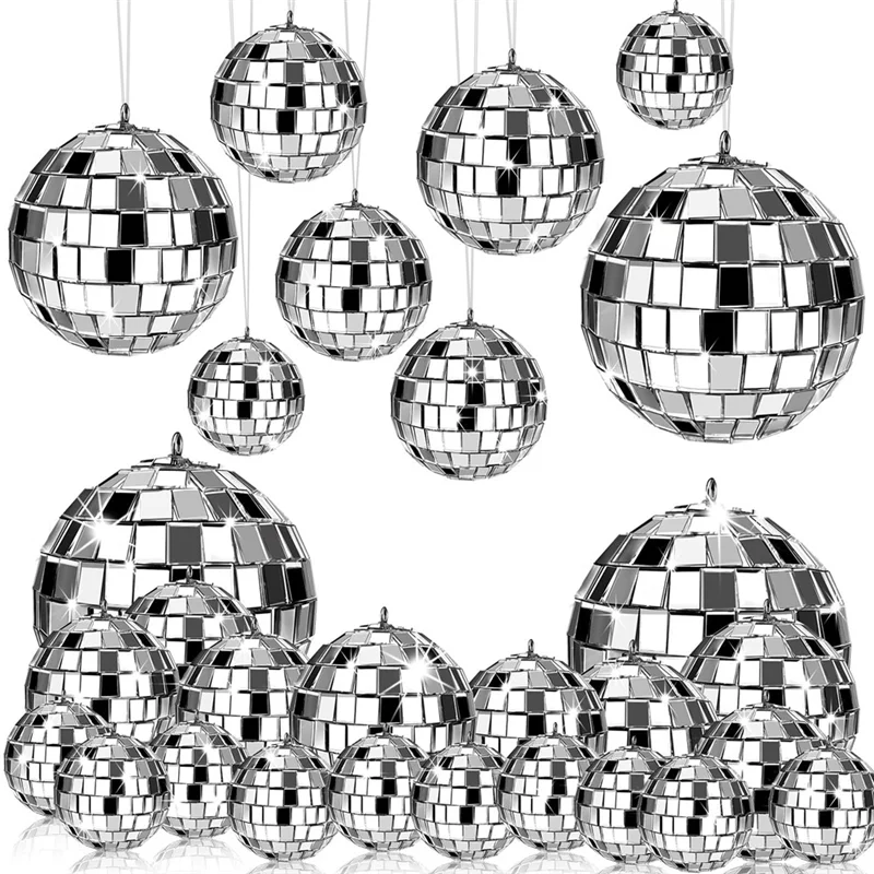 Premium-24 Stück Spiegel-Disco-Kugel zum Aufhängen, Glas-Disco-Kugel-Dekor, Disco-Party-Dekorationen, für Urlaub, Party-Dekoration mit Seil Image