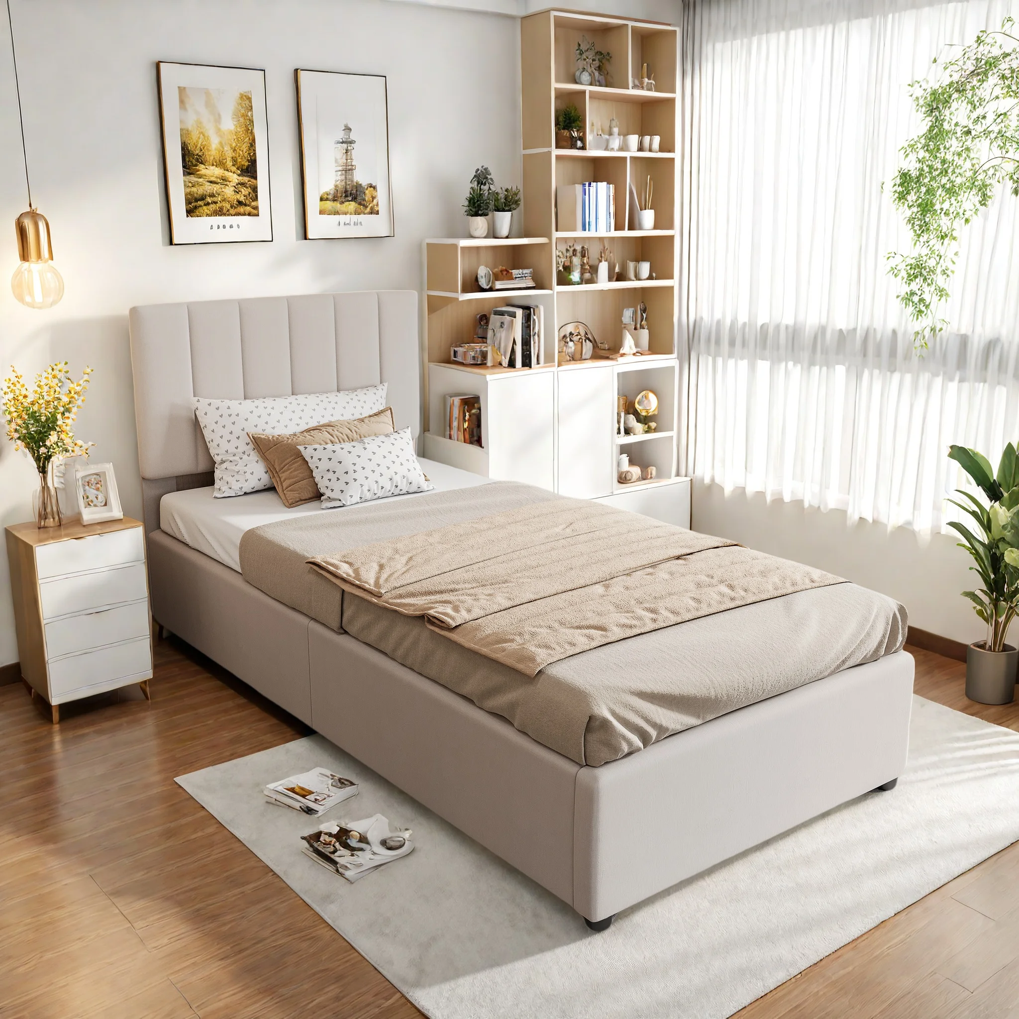 Rosahqnda Kinderbett 90x200 cm, Polsterbett, für Jungen und Mädchen, Einzelbett, hydraulisches Stauraumbett, Leinen, ohne Matratze