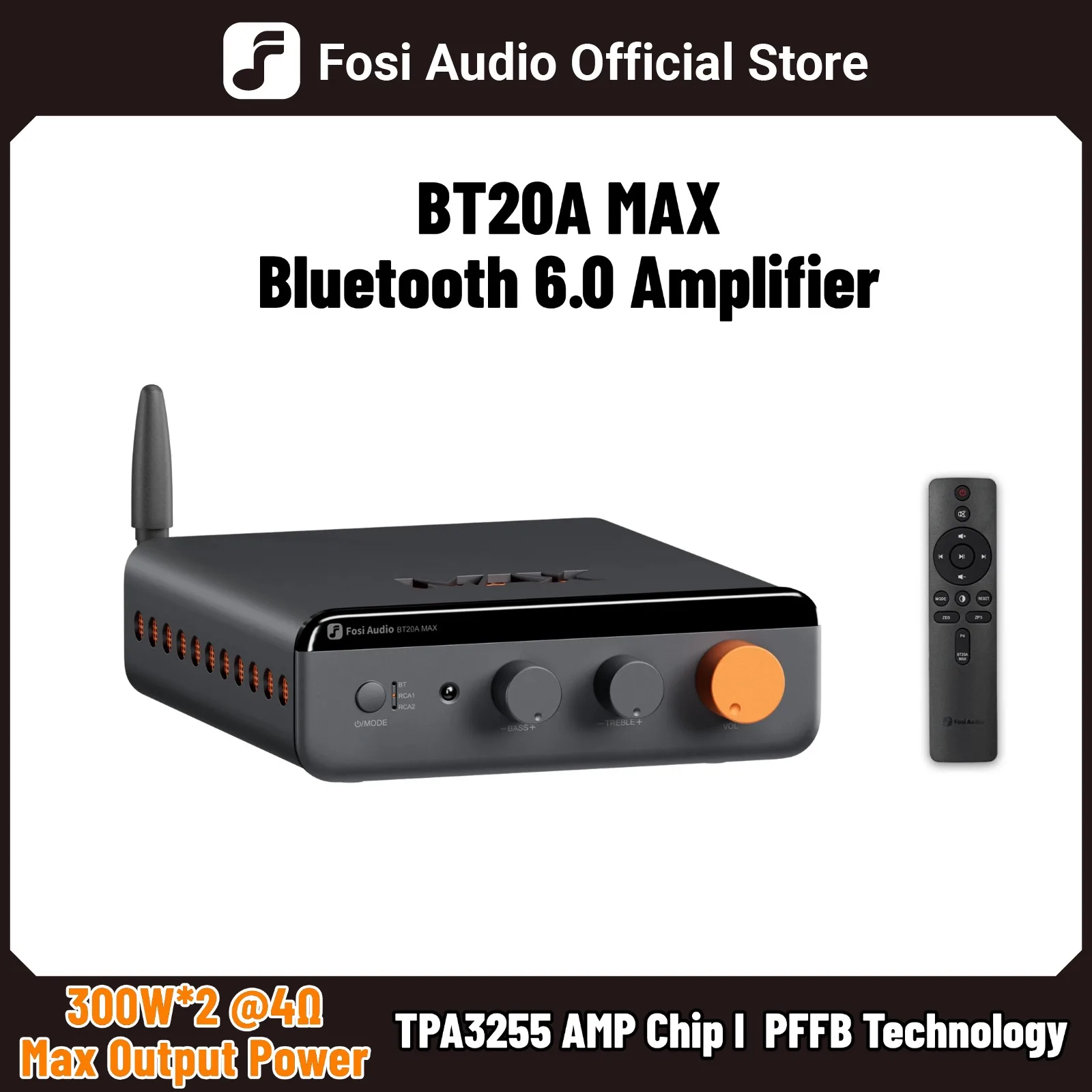 Fosi Audio BT20A MAX Bluetooth 6.0 Verstärker 2.1-Kanal Hifi-Stereo-Verstärker PFFB 300W*2 Klasse D Hochleistungsverstärker für den Außenbereich