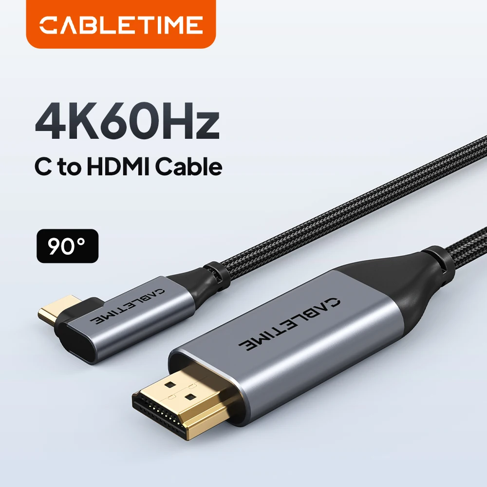 CABLETIME USB-C-auf-HDMI-Kabel, 4K bei 60 Hz, Gehäuse aus Aluminiumlegierung, 90-Grad-Winkel, Videoerweiterung, 1,8 m, für Monitor, Laptop, DELL Image