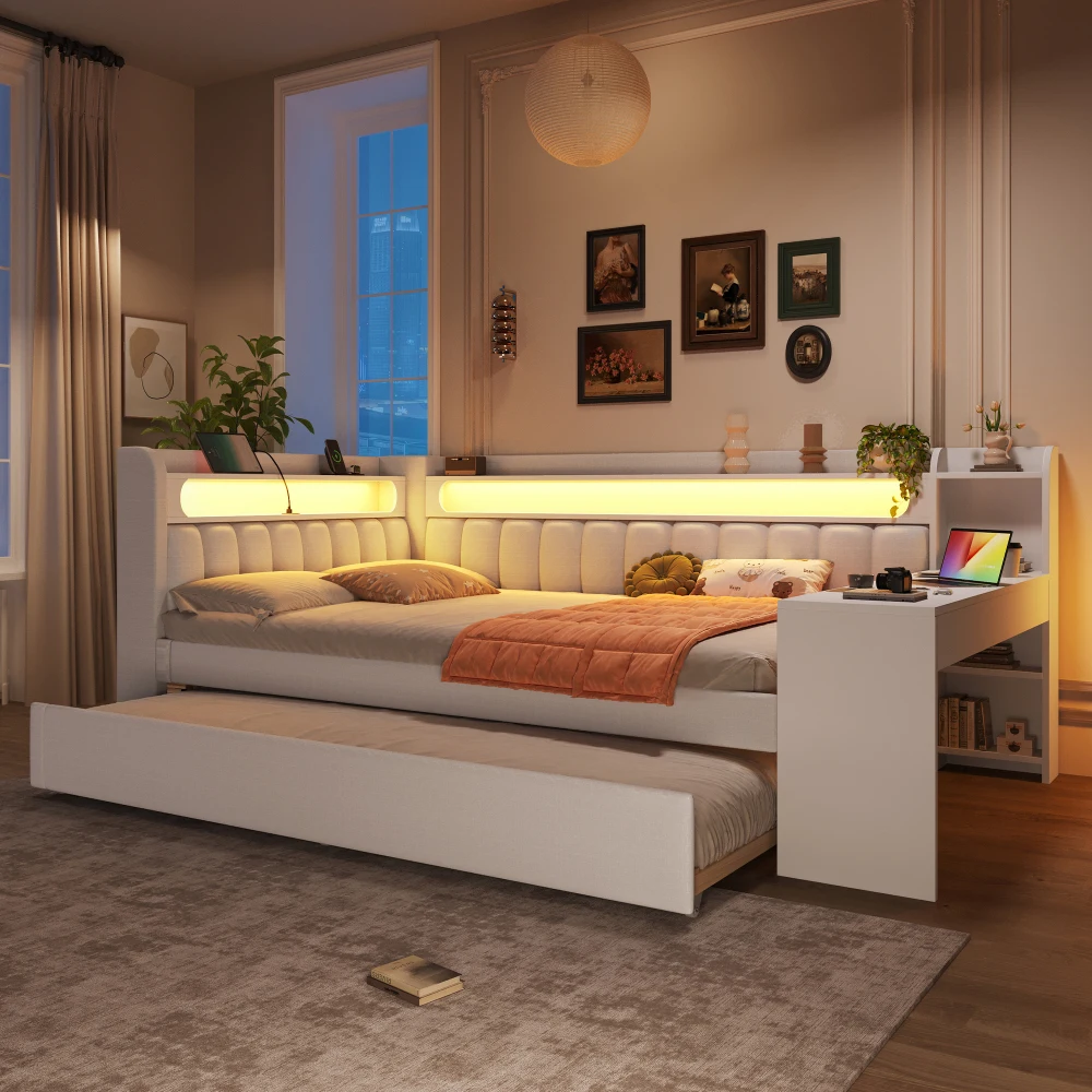 140 x 200 cm großes modernes gepolstertes Tagesbett mit USB-Anschlüssen und LED-Gürtel, ausziehbarem Bett und Schreibtisch, Doppelbett, für Schlafzimmer für Erwachsene
