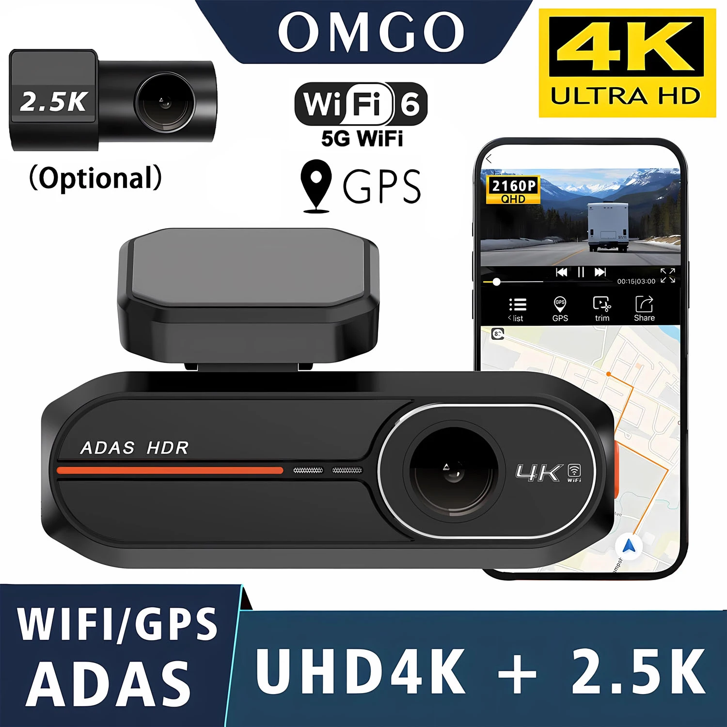 ADAS 4K+2.5K Auto-Frontkamera Mini WIFI GPS DVR Blackbox mit 24-Stunden-Parküberwachung Nachtsicht Rückfahrkamera Optional Image