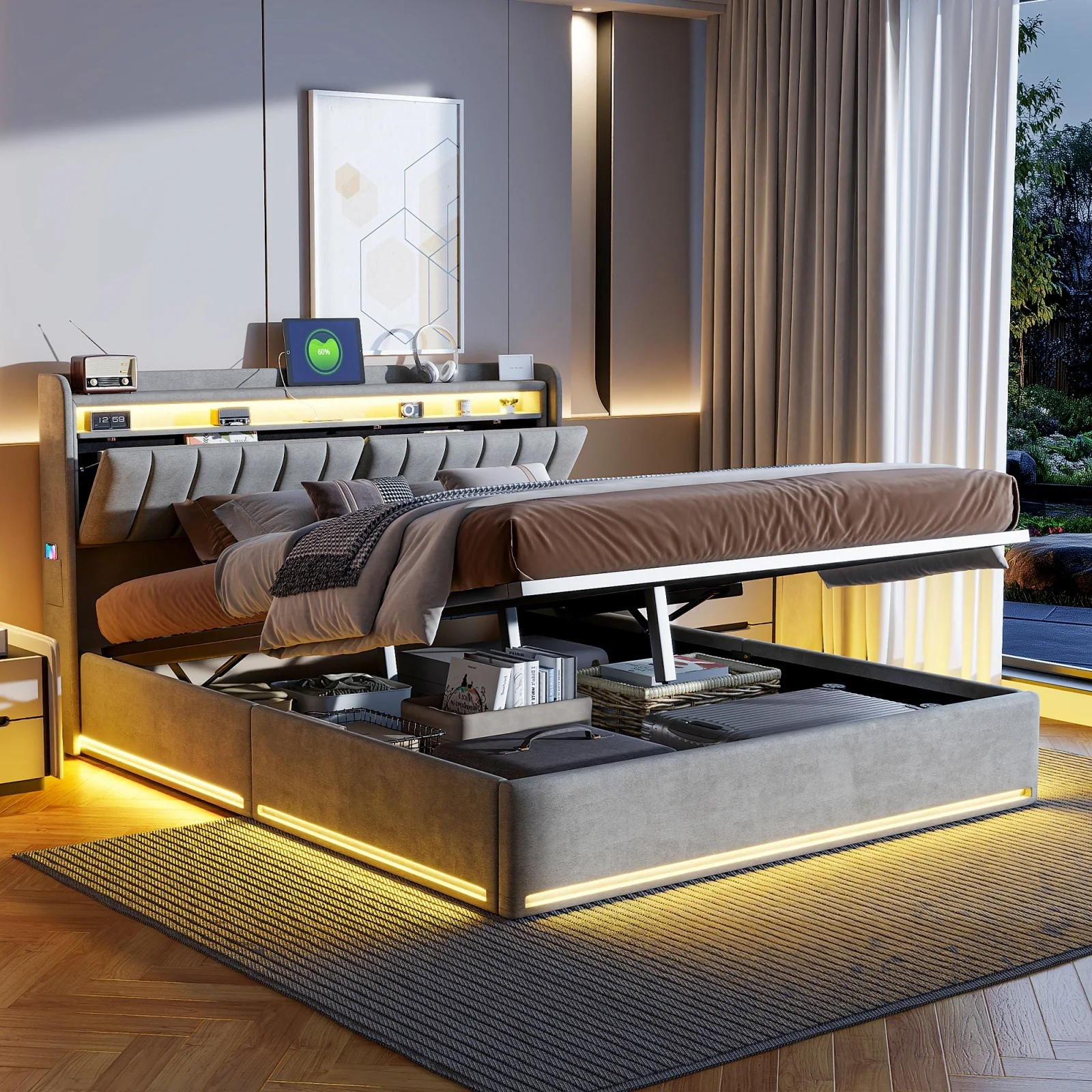 MINGZHE Polsterbett Doppelbett mit LED, Bettrahmen mit USB und Typ-C, Jugendbett mit Stauraum Kopfteil, Ohne Matratze, Samt, 90x200,140x190,140x200,160x200 cm Image