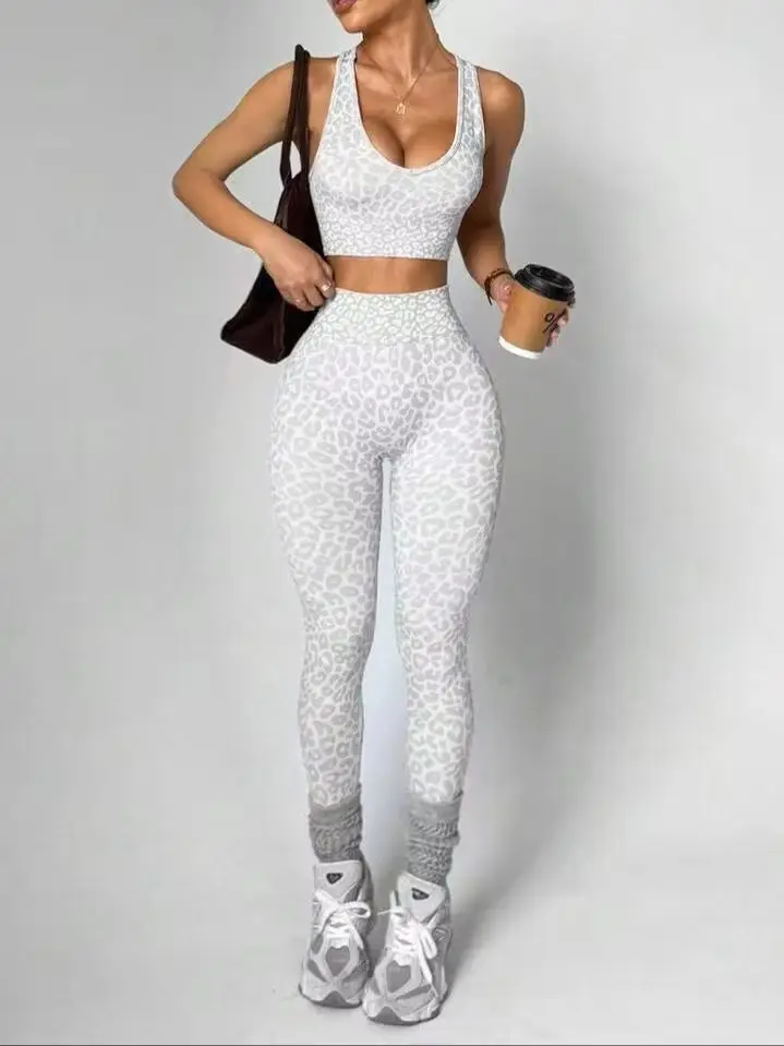 Damen-Set mit überkreuztem Leopardenmuster, BH und Hose, Fitness-Yoga-Set, Outdoor-Sport, Rückenfalten-Set