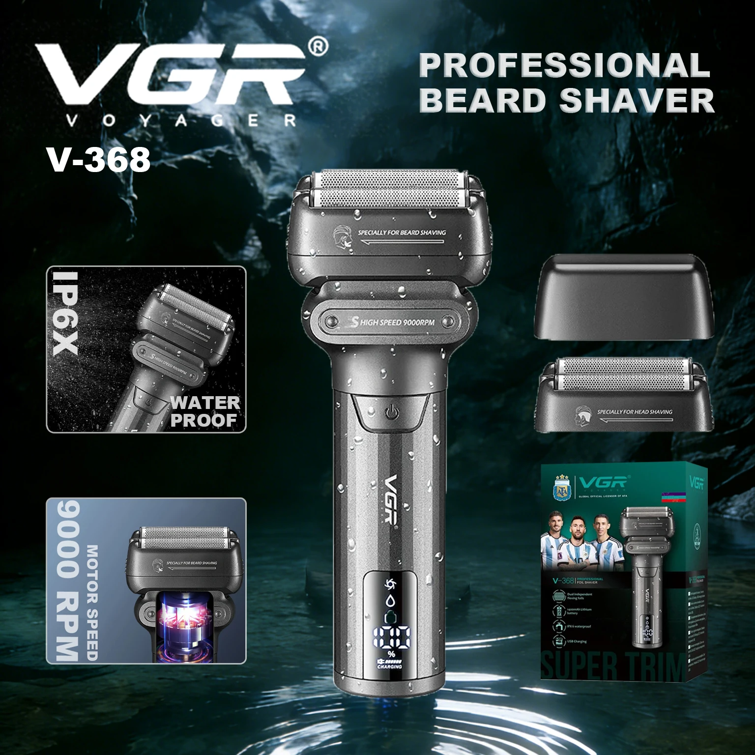 VGR NEW GLOBAL LICENSOROF ARGENTINA NATIONAL TEAM Elektrorasierer Professionell Barttrimmer 9000 U/min Tragbarer IPX6-Gesichtsrasierer LED Rasiermaschine für Herren V-368 V-375 V-376 Image