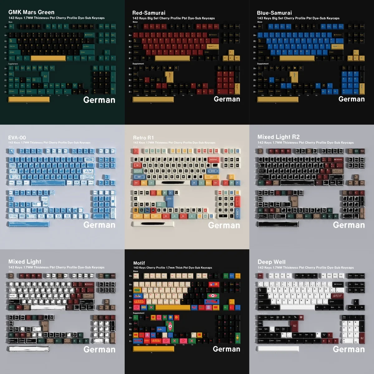 Deutsche PBT Cherry-Tastenkappen ISO-Layout Retro EVA00 Mixed Light Deep Well Mars Green Red Blue Samurai für mechanische Tastatur DE Image