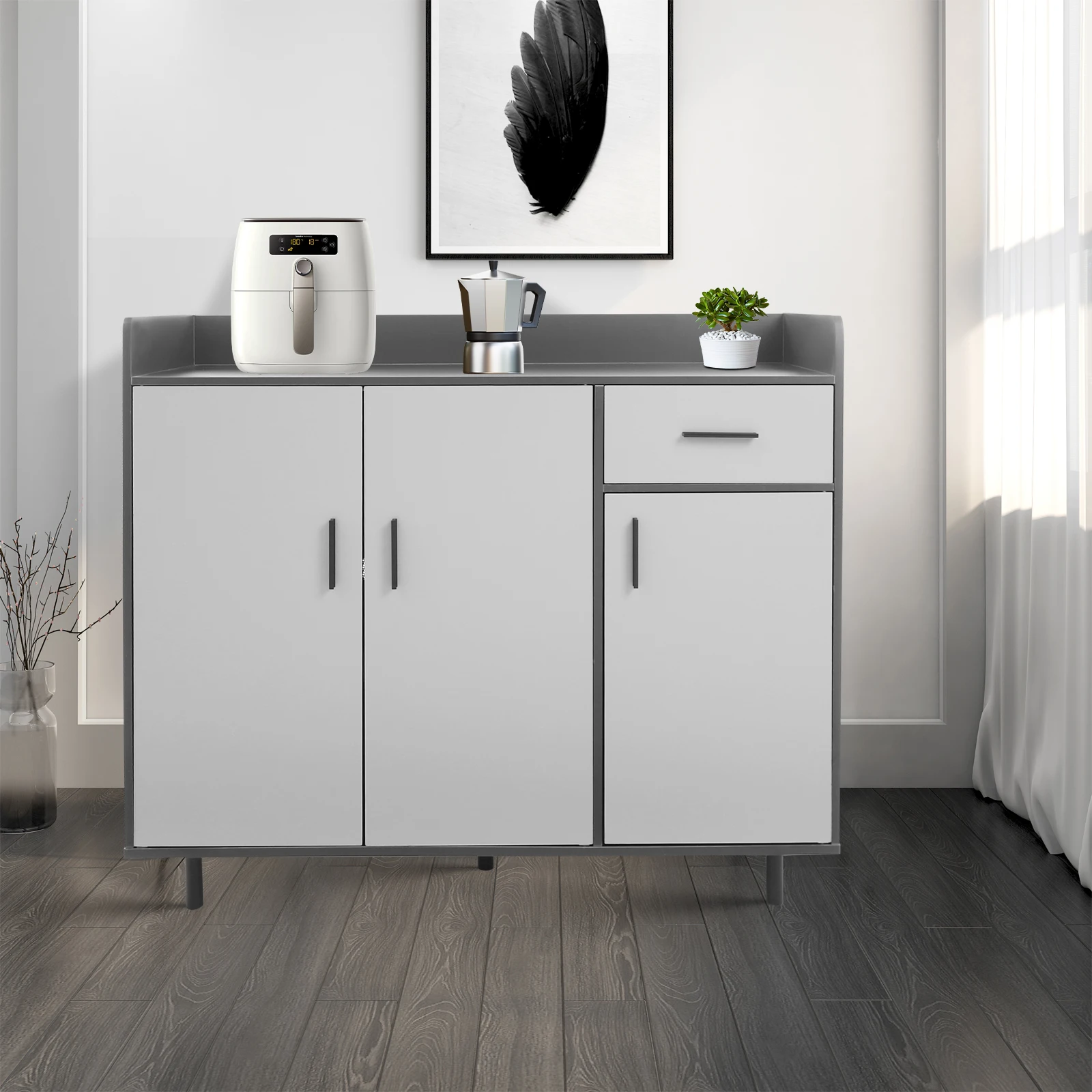 Großer Küchenschrank mit Schublade, 60 kg Tragkraft, 100 x 34 x 92 cm, für die Organisation von Utensilien und Speisekammern, modern in Grau