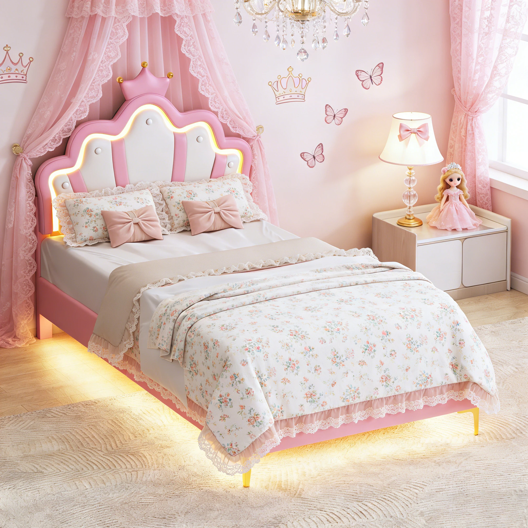Mädchenbett 90x200, Einzelbett für Kinder mit Lattenrost und LED-Beleuchtung, Prinzessinnenbett für Mädchen, Rosa, mit verstellbarem gepolstertem Kopfteil, Rosa, 90 x 200 cm