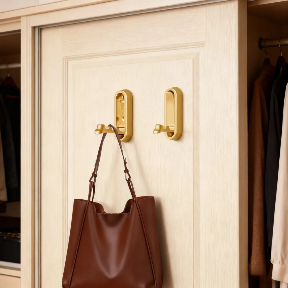 2-teiliges Set Goldene Unsichtbare Klapphaken, Wandmontierte Kleiderhaken für Eingangsbereich, Tür, Schuhschrank, Kleiderschrank, Ohne Bohren, Einzelhaken