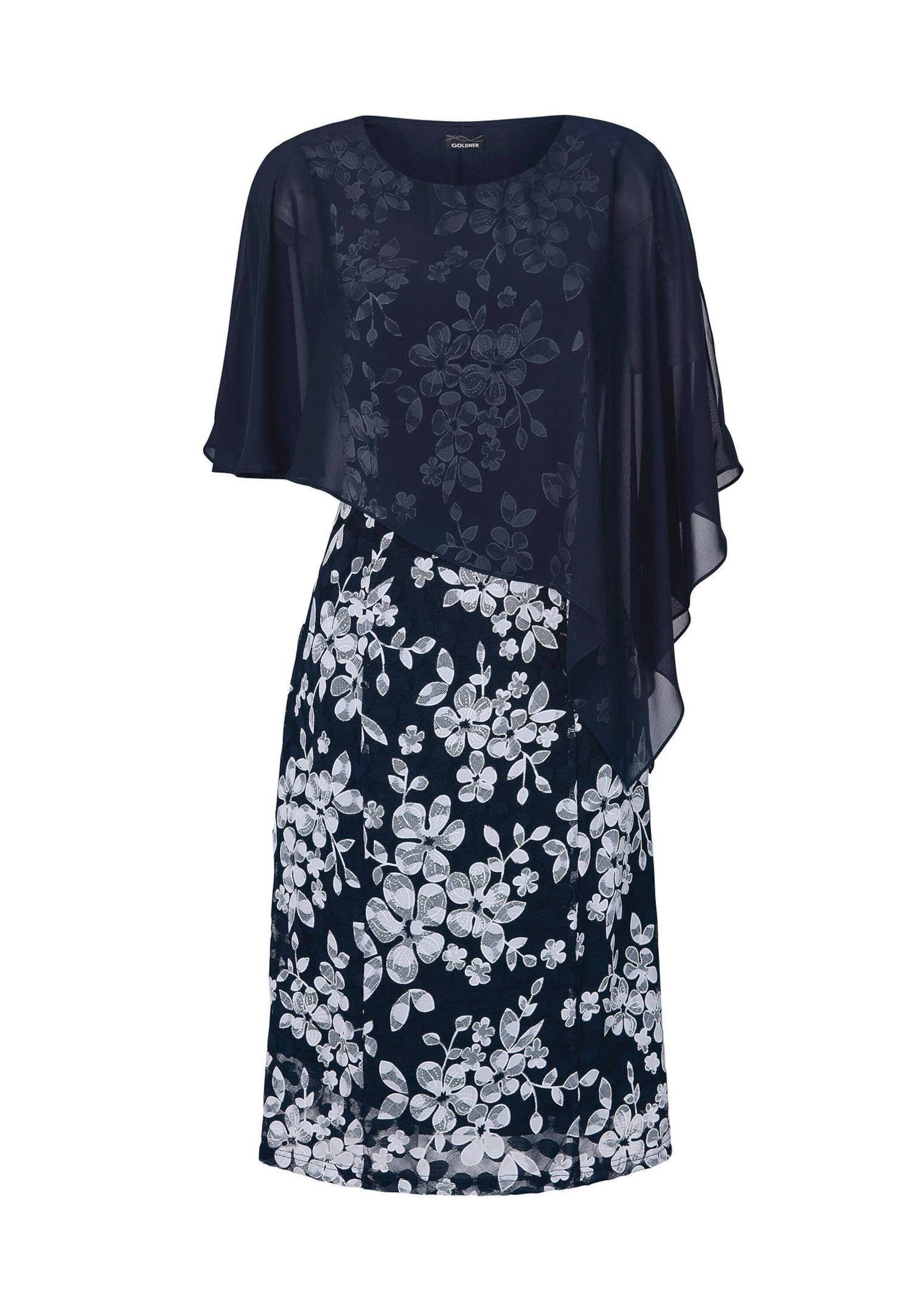 Etuikleid GOLDNER "Kleid aus eleganter Spitze mit Chiffonüberwurf", Damen, Gr. 54, N-Gr, weiß (mitternachtsblau, weiß, geblümt), Obermaterial: 93% Polyamid PA. 7% Elasthan EL., Kleider Etuikleid