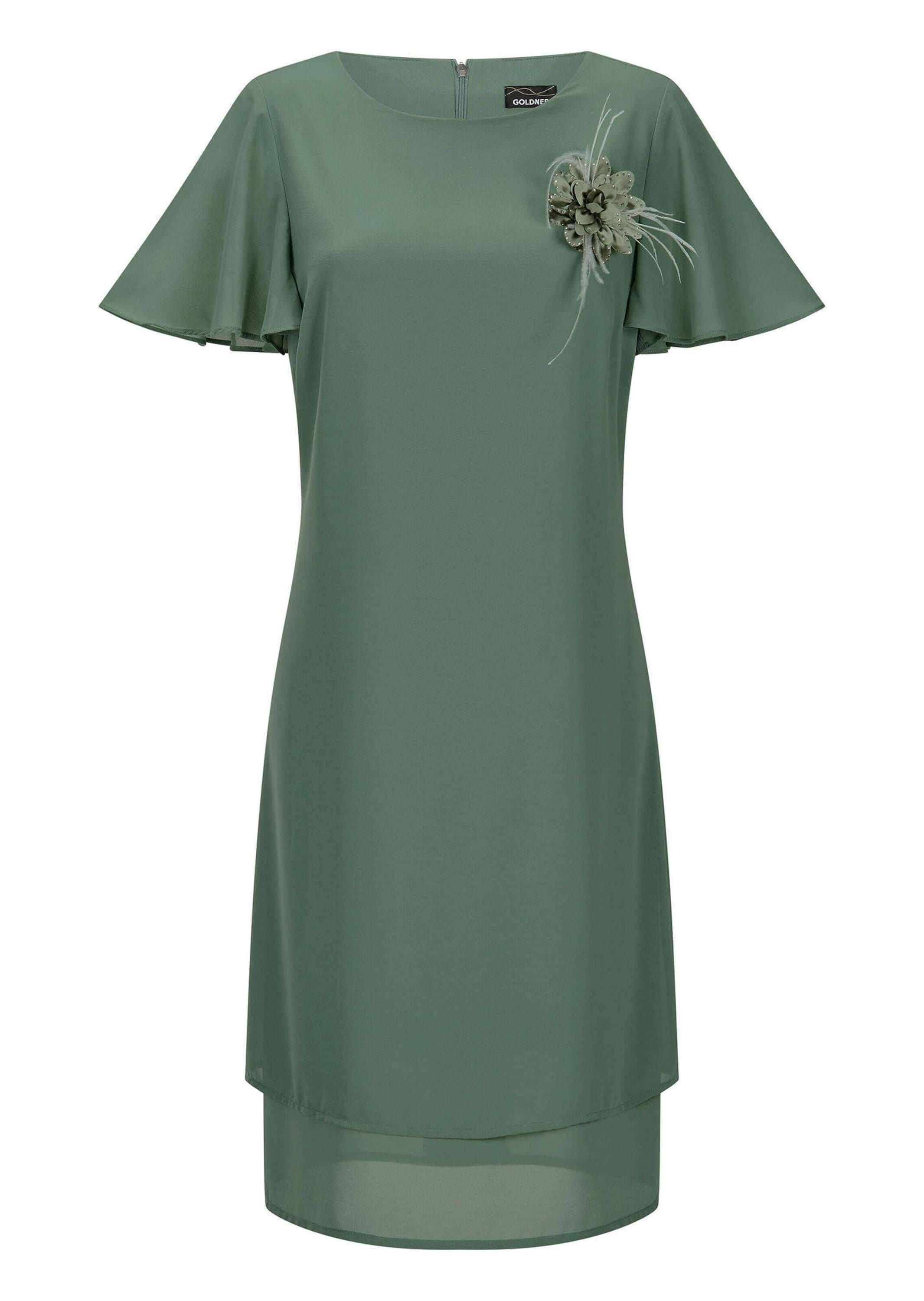 Sommerkleid GOLDNER "Elegantes Chiffon-Kleid mit Brosche", Damen, Gr. 48, N-Gr, grün (salbei), Obermaterial: 100% Polyester PES., Kleider Sommerkleid