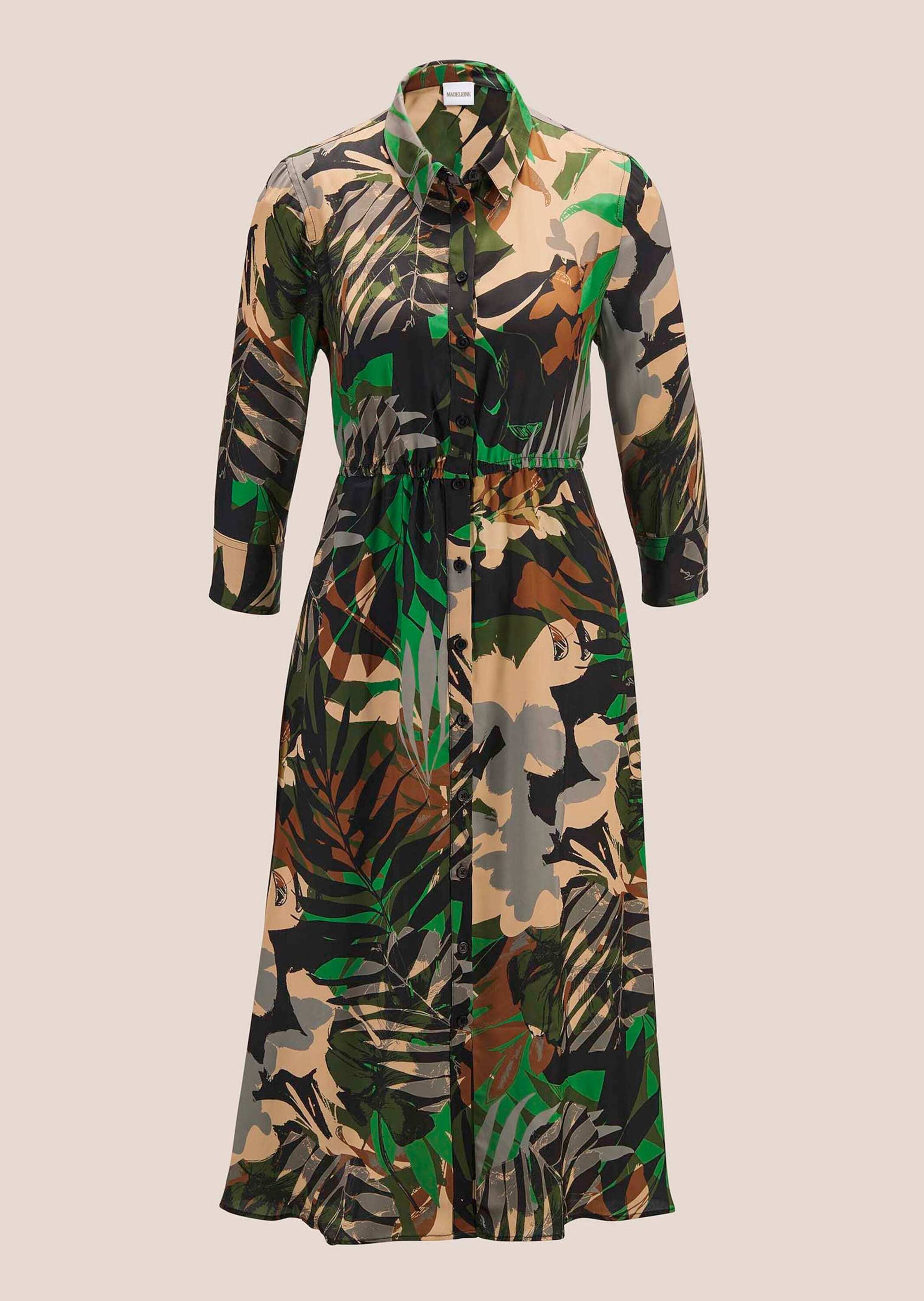Midikleid MADELEINE "Kleid Bedrucktes Kleid mit Rocktaschen", Damen, Gr. 38, N-Gr, schwarz (schwarz, cognac, khaki), Obermaterial: 100% Viskose CV., Modern, figurumspielend, Kleider Midikleid