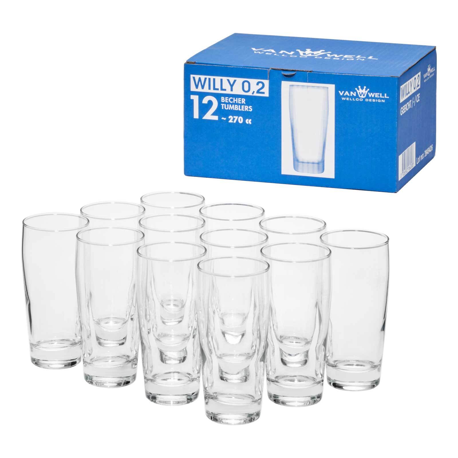 Bierglas VAN WELL "Willi Becher geeicht 0,2 l 12er Set transparent", bunt (transparent), 12 tlg., Glas, Trinkgefäße