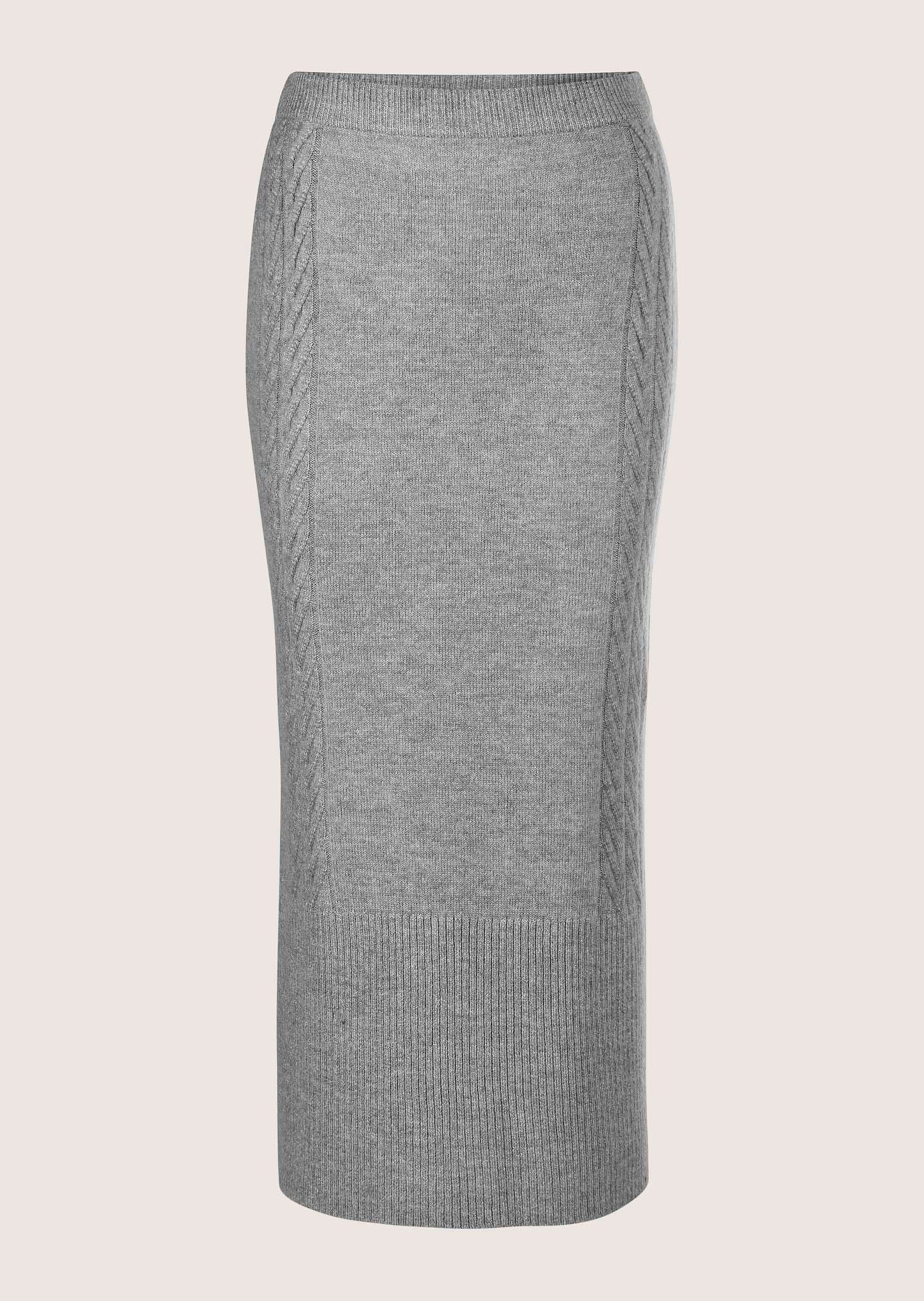 Midirock MADELEINE "Strickrock Eleganter Melange-Rock mit Zopfmuster", Damen, Gr. 38, grau (graphit, melange), Obermaterial: 59% Polyacryl PAN. 34% Viskose CV. 7% Elasthan EL., Modern, figurbetont, Röcke, Zopfmuster