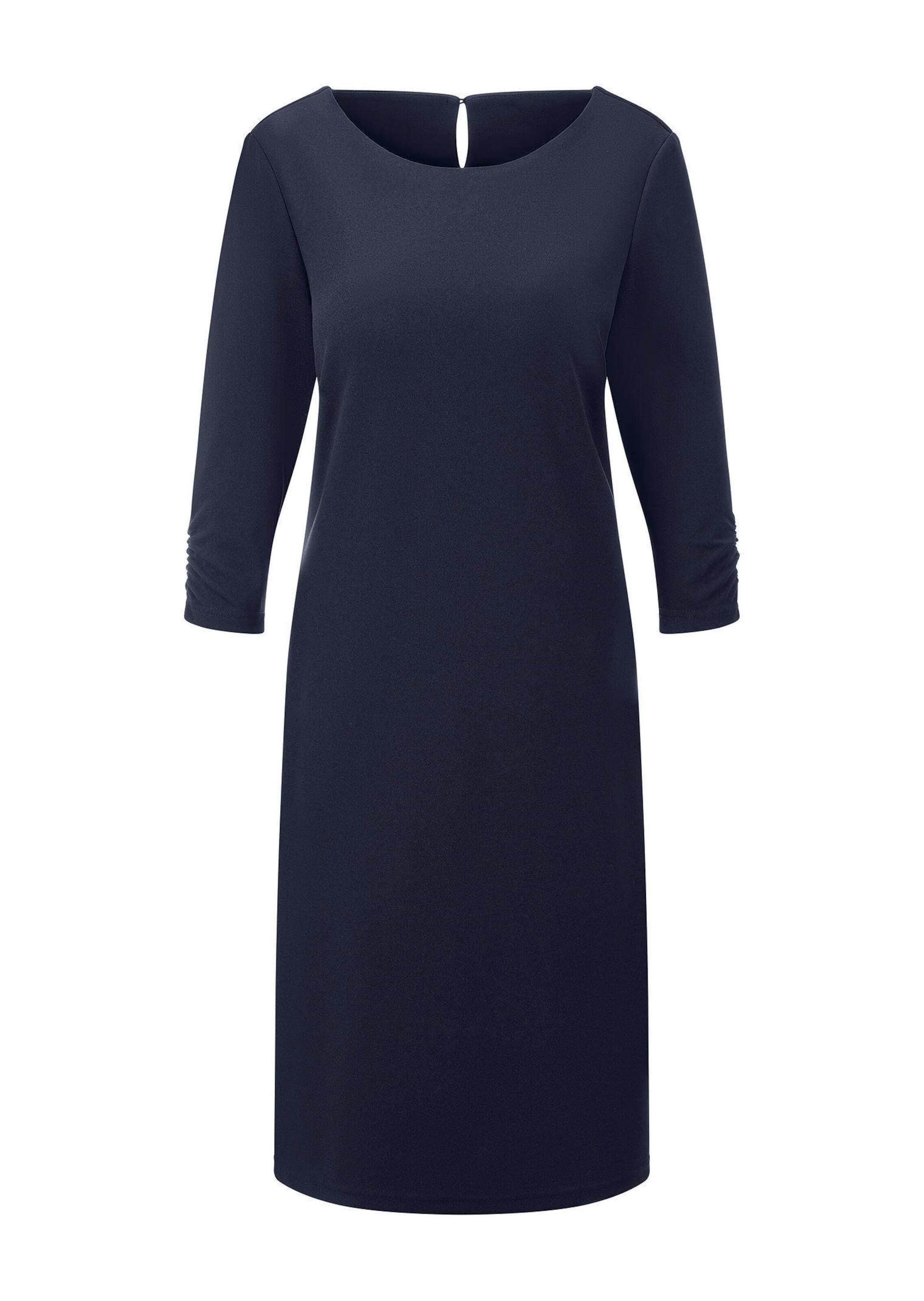 Etuikleid GOLDNER "Kurzgröße Elegantes Kleid mit gerafften Ärmeln", Damen, Gr. 21, K-Gr, blau (marine), Obermaterial: 95% Polyester PES. 5% Elasthan EL., Kleider Etuikleid