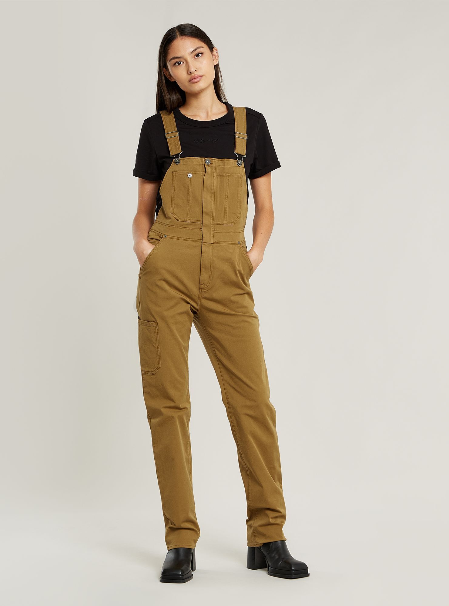 Jumpsuit G-STAR "Slim Latzhose", Damen, Gr. M, Normalgrößen, dk mustard, Obermaterial: 95% Baumwolle, 5% Elasthan, Overalls Jumpsuit