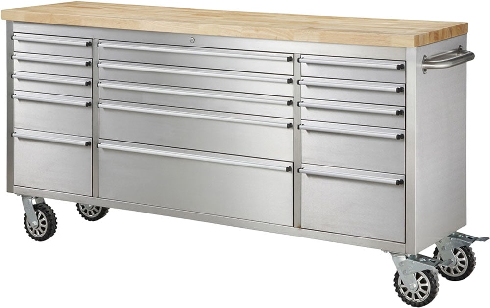 Werkstattwagen ONDIS24 "Werkzeugwagen aus Edelstahl mit 15 Schubladen", silberfarben, B:198cm H:95cm T:49cm, Stahl, Werkstattwagen, fahrbar, kugelgelagerten Schubladen, abschließbar, Massivholzplatte