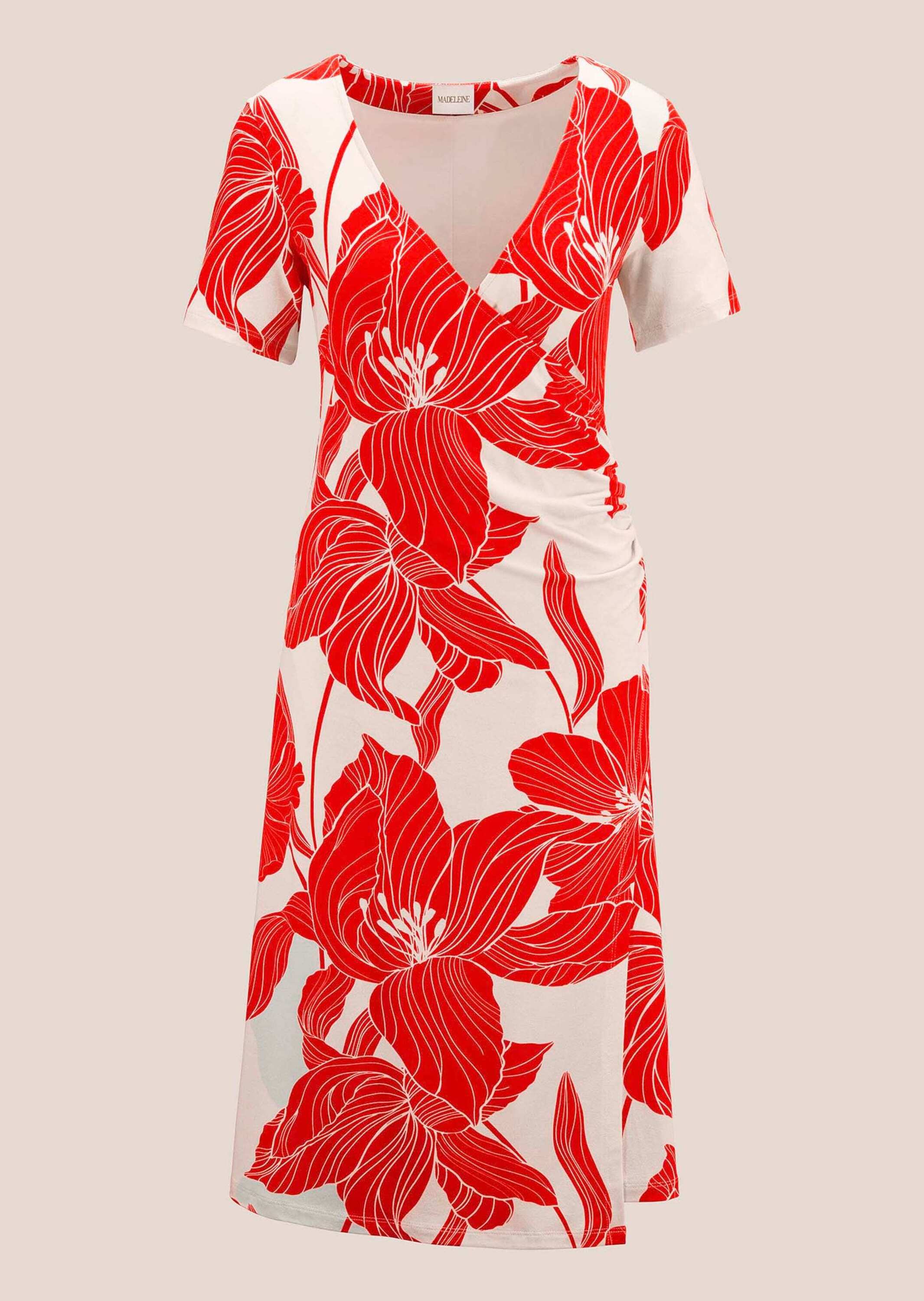 Jerseykleid ALBA MODA "Jerseykleid Jerseykleid", Damen, Gr. 42, N + K Gr, rot (koralle, creme), Obermaterial: 95% Viskose CV. 5% Elasthan EL., Kleider Jerseykleid