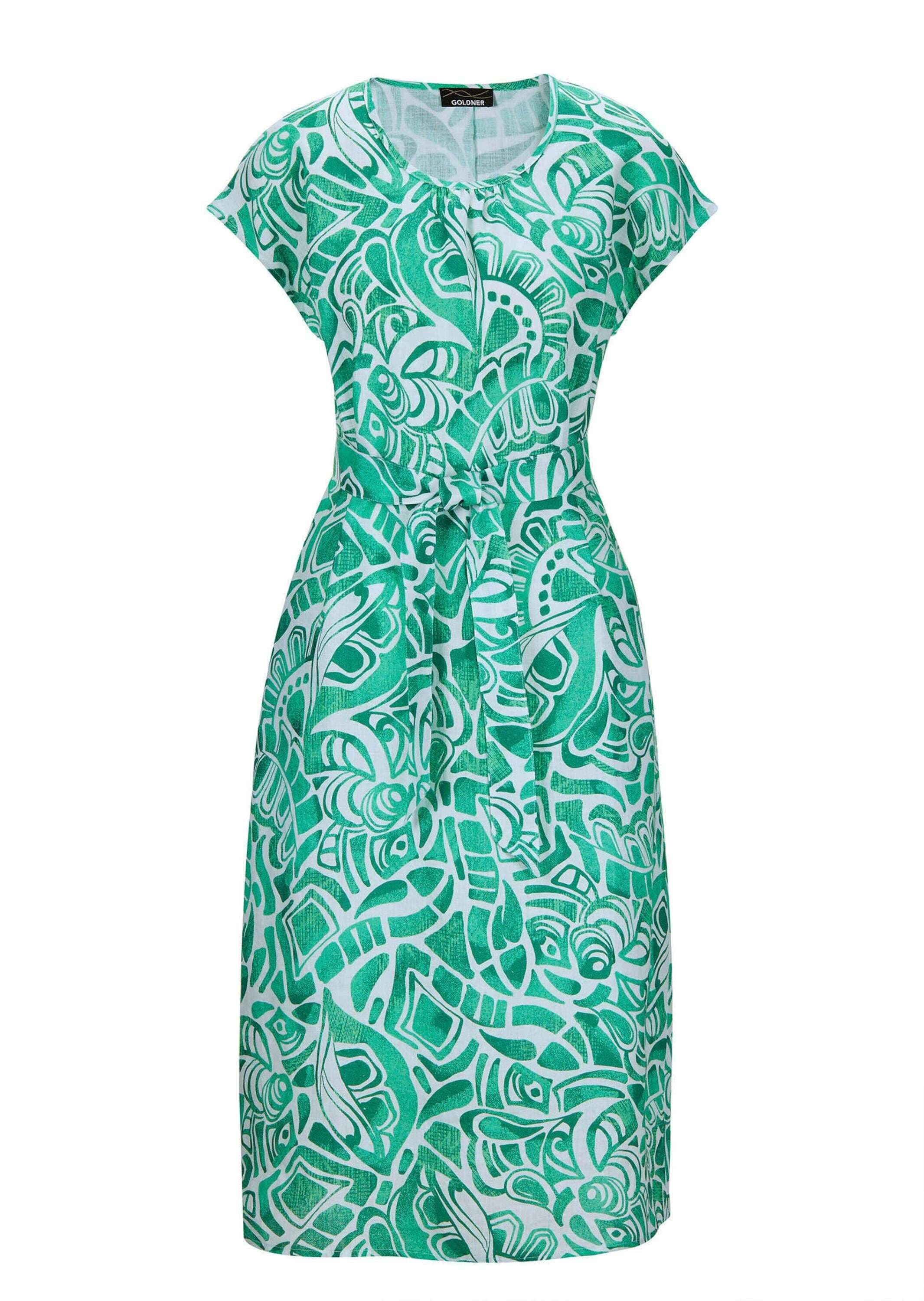Sommerkleid GOLDNER "Kurzgröße Leinenkleid Ethno, Halbarm", Damen, Gr. 23, K-Gr, grün (grün, gemustert), Obermaterial: 100% Leinen LI., Kleider Sommerkleid