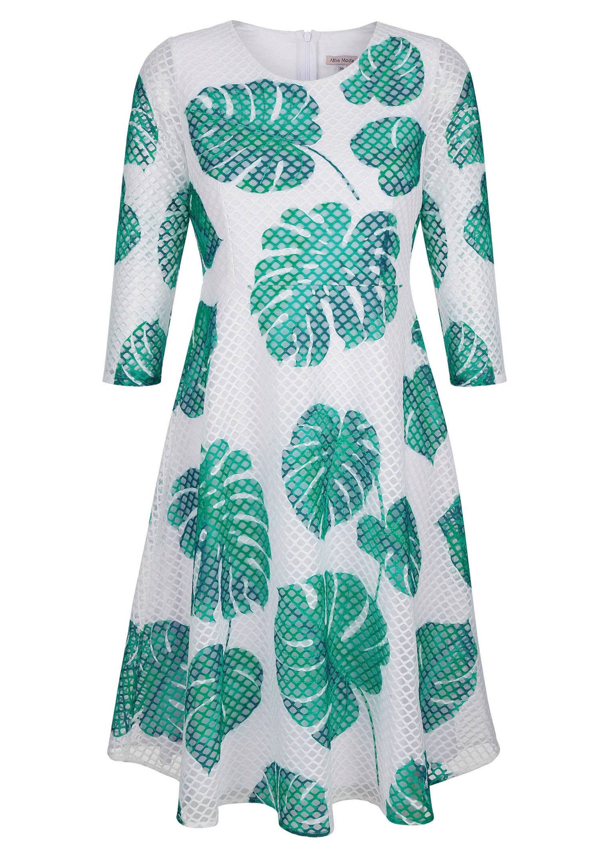 Druckkleid ALBA MODA "Kleid Kleid aus Lochspitze", Damen, Gr. 34, N + K Gr, weiß (sanftes weiß), Obermaterial: 100% Polyester PES., Kleider Druckkleid