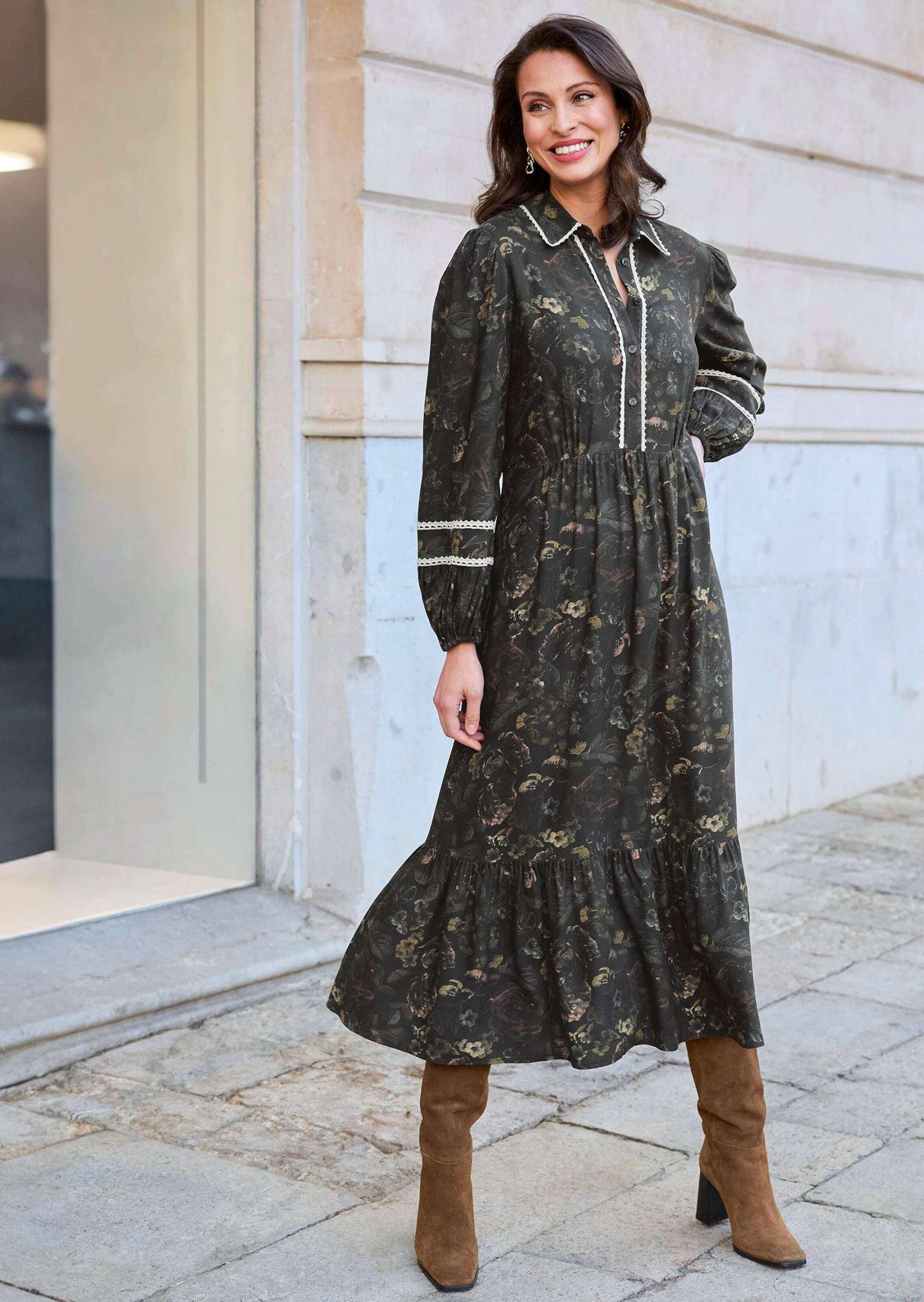 Midikleid ALBA MODA "Kleid Kleid", Damen, Gr. 40, N + K Gr, schwarz (schwarz, multicolor), Obermaterial: 100% Viskose CV., Modern, Kleider Midikleid