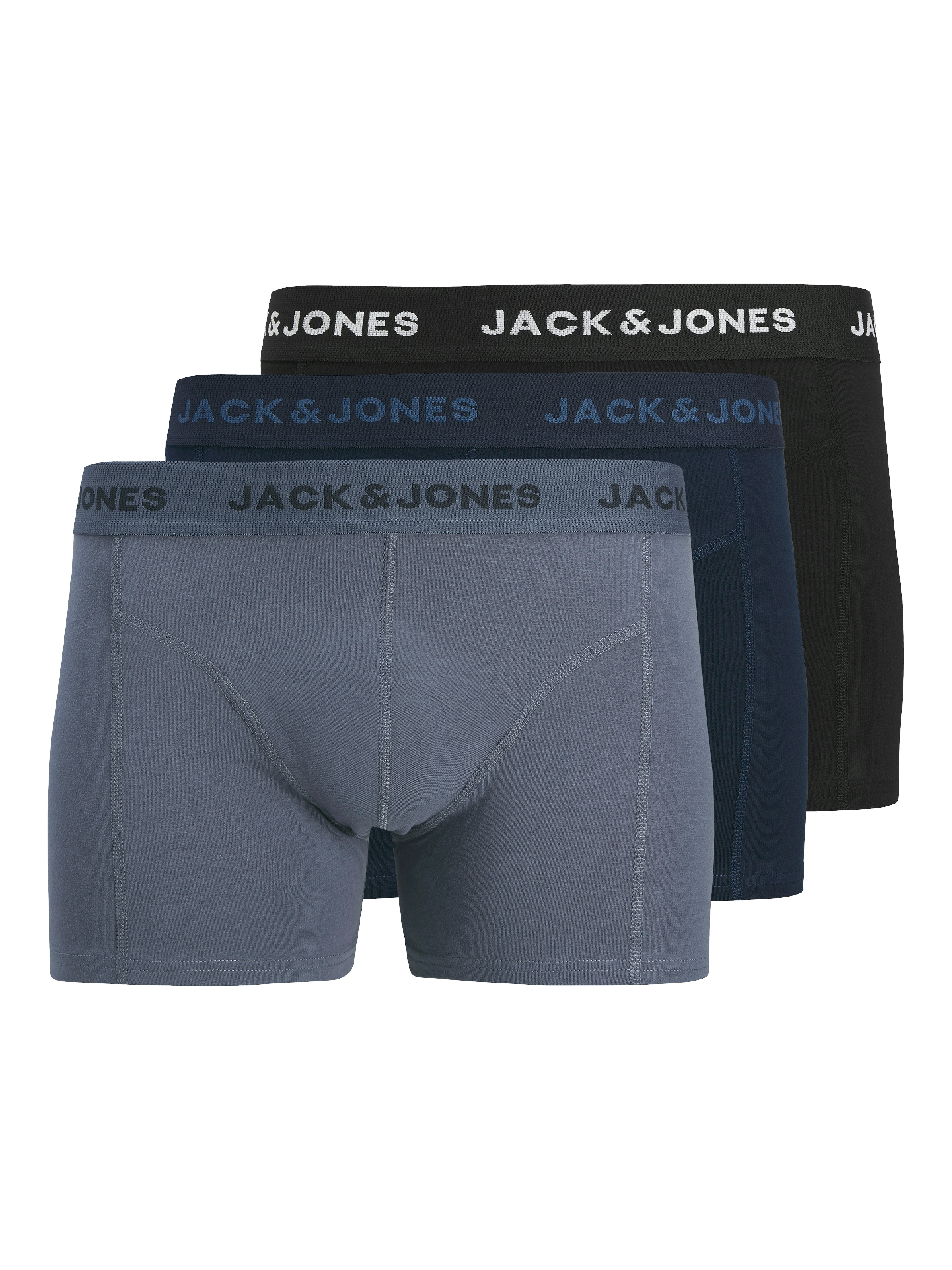 Trunk JACK & JONES "JACJEREMIAH SOLID TRUNKS 3 PACK", Herren, Gr. L, 3 Stk., navy blazer pack:schwarz, vintage indigo, Jersey, Obermaterial: 95% Baumwolle, 5% Elasthan, unifarben, bequem, Unterhosen