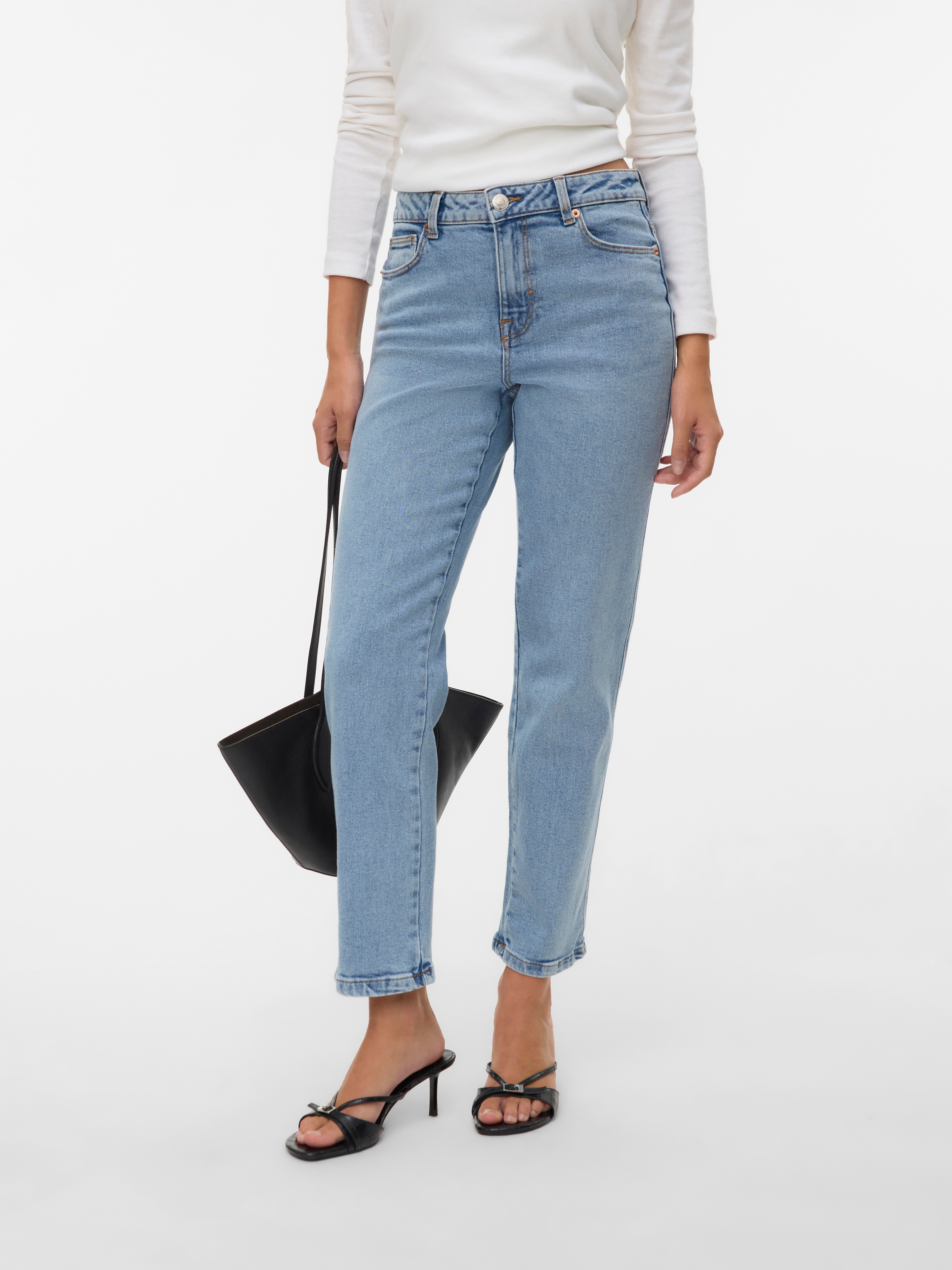 Gerade Jeans VERO MODA "VMAMARA MR SLIM STRAIGHT ANK VI3512 NOOS", Damen, Gr. 31, Länge 30, blau (light blau denim), Denim/Jeans, Obermaterial: 98% Baumwolle, 2% Elasthan, unifarben, knöchellang, Jeans
