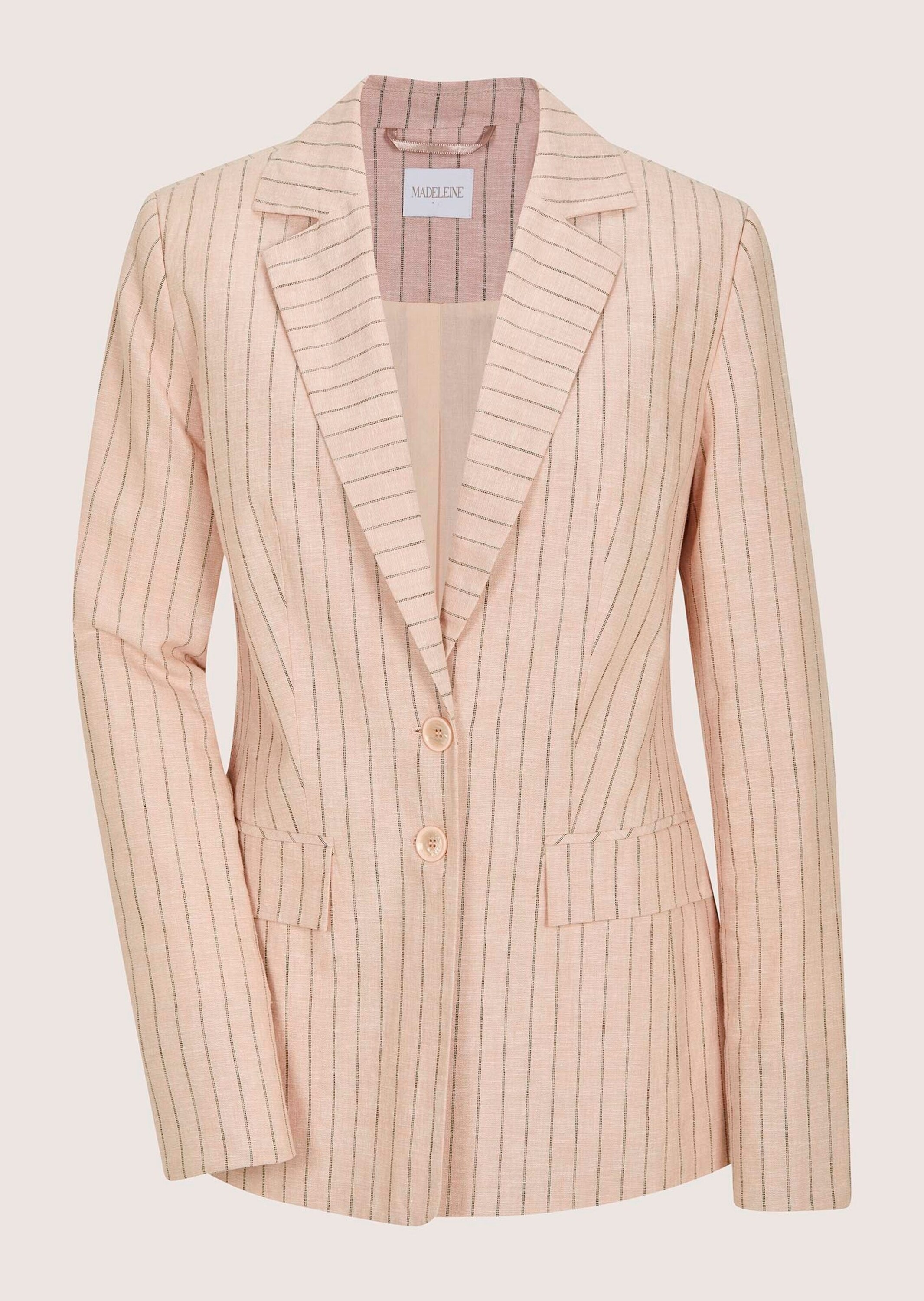 Jackenblazer MADELEINE "Blazer Eleganter Longblazer mit Nadelstreifen", Damen, Gr. 40, rosa (puderrosé, bleigrau, melange), Obermaterial: 50% Leinen LI. 50% Viskose CV., Modern, gerade, Blazer, Streifenblazer