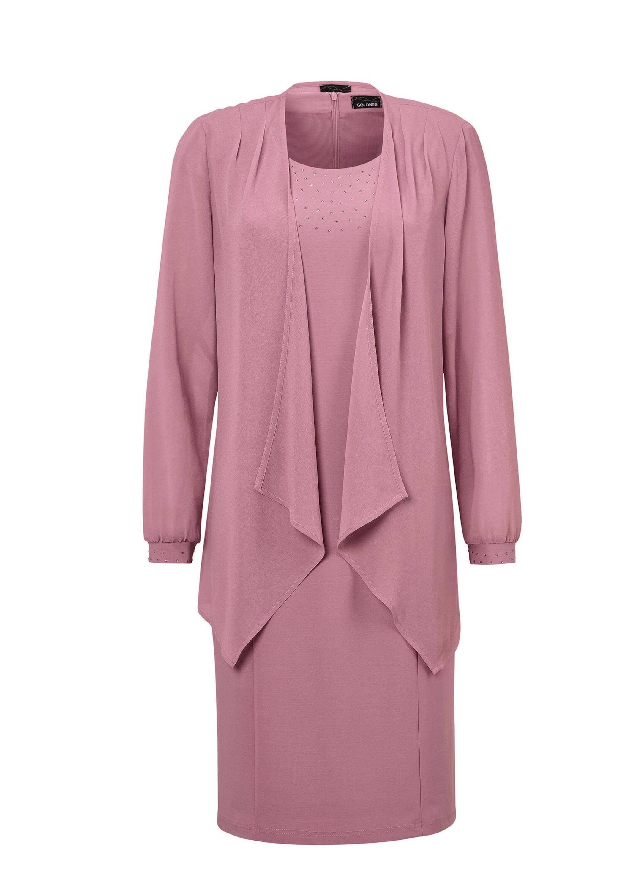 2-in-1-Kleid GOLDNER "Kurzgröße Kleid mit feinem Chiffonjäckchen", Damen, Gr. 22, K-Gr, rosa (altrosé), Obermaterial: 97% Polyester PES. 3% Elasthan EL., festlich, Langarm, Kleider, Mit schimmernden Glitzersteinchen