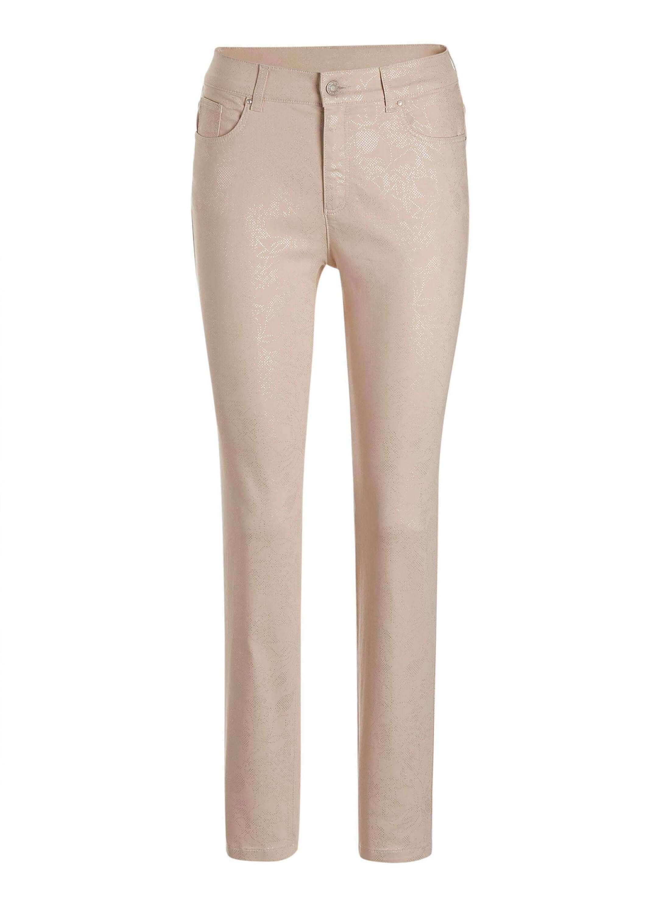 2-in-1-Hose GOLDNER "Kurzgröße Knöchellange Jeans CARLA in Braun", Damen, Gr. 23, K-Gr, beige (beige, gemustert), Obermaterial: 62% Baumwolle CO. 35% Polyester PES. 3% Elasthan EL., Hosen