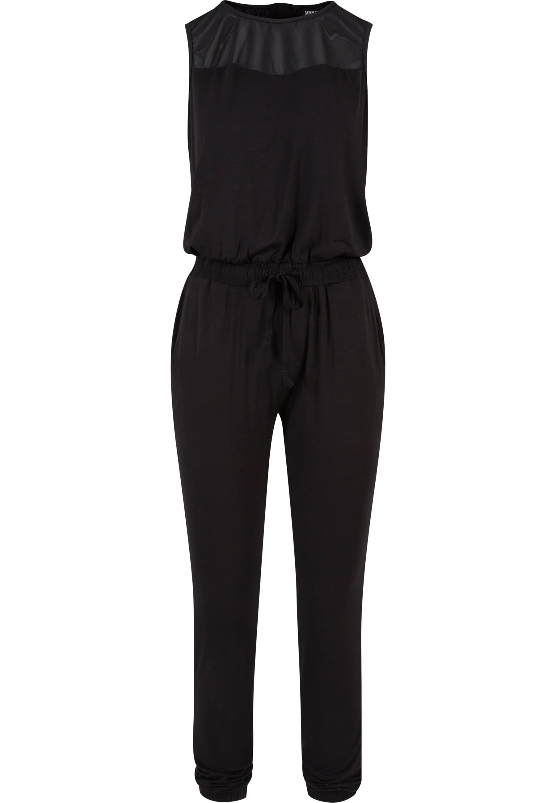 Jumpsuit URBAN CLASSICS "Urban Classics Damen Ladies Tech Mesh Long Jumpsuit", Damen, Gr. S, US-Größen, schwarz, 95% Viskose, 5% Elasthan, unifarben, normal, Rundhals, Overalls Jumpsuit