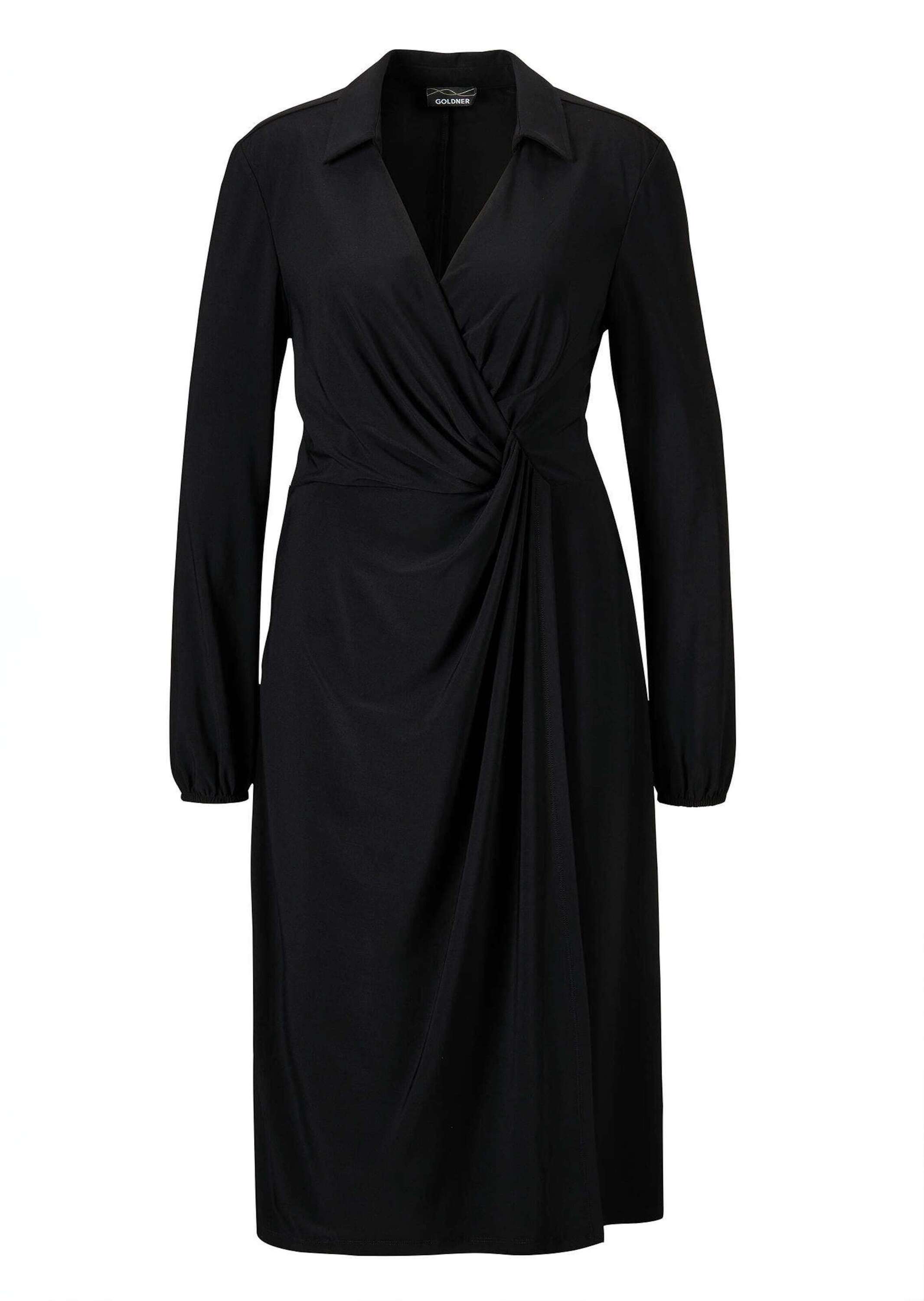 Jerseykleid GOLDNER "Kurzgröße Elegantes Jerseykleid mit V-Ausschnitt", Damen, Gr. 21, K-Gr, schwarz, Obermaterial: 92% Polyester PES. 8% Elasthan EL., Gummibündchen, Kleider Jerseykleid, Wickeloptik