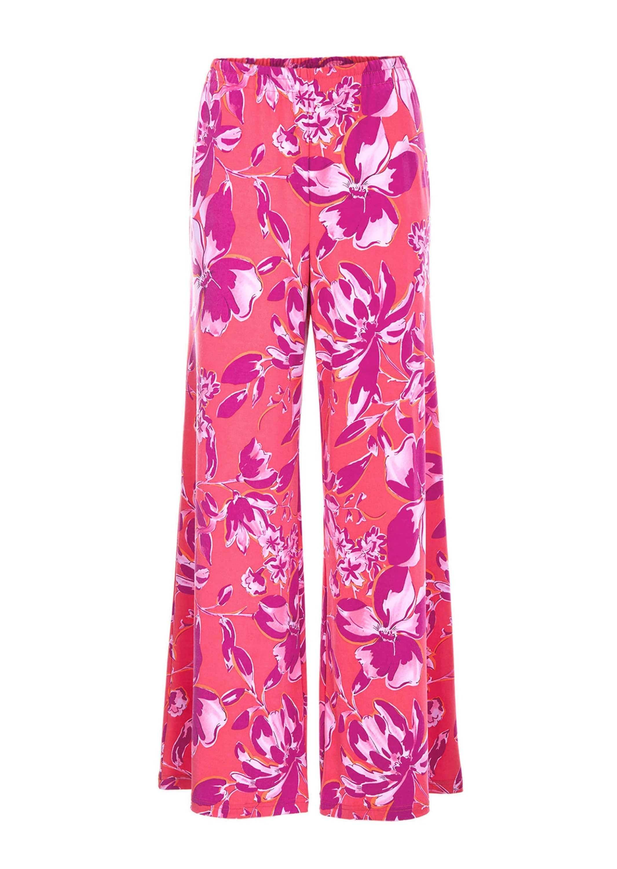 2-in-1-Hose GOLDNER "Kurzgröße Palazzo-Hose mit sommerlichem Druck", Damen, Gr. 25, K-Gr, rosa (pink, mandarine, geblümt), Obermaterial: 95% Polyester PES. 5% Elasthan EL., Hosen