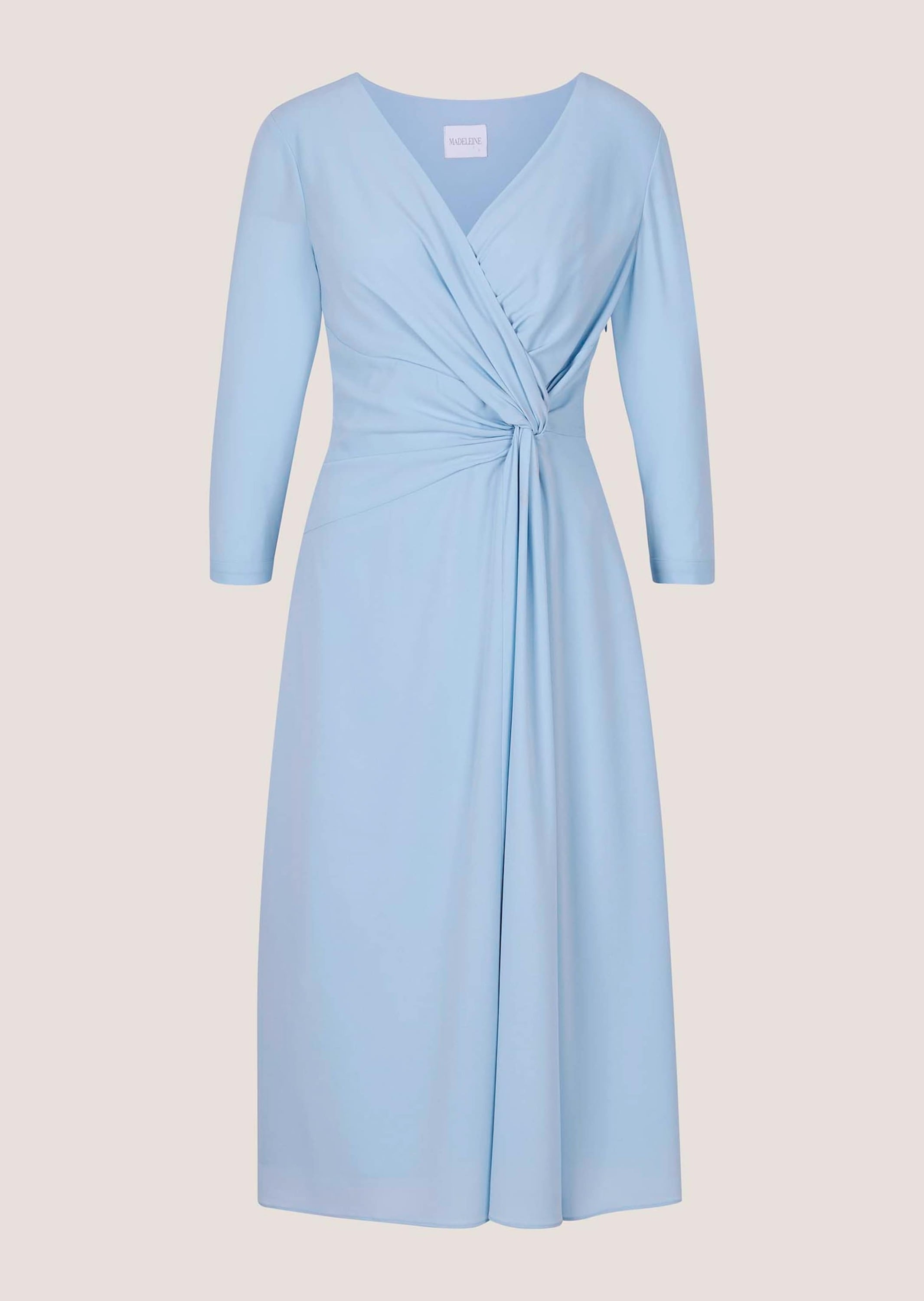 Midikleid MADELEINE "Wickelkleid Midikleid mit eleganter Drapierung", Damen, Gr. 48, N-Gr, blau (himmelblau), Obermaterial: 61% Acetat CA. 39% Polyester PES., Kleider Midikleid