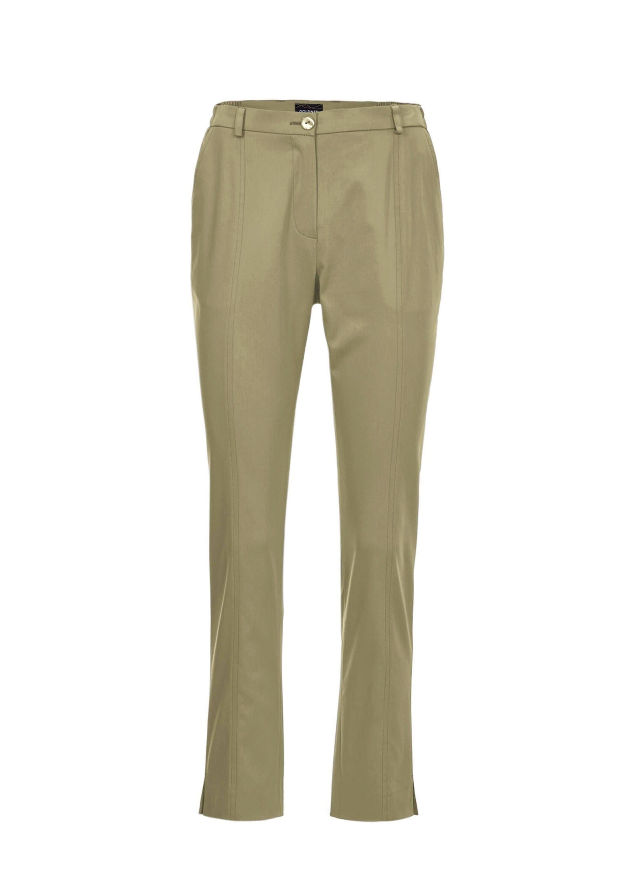 Stoffhose GOLDNER "Kurzgröße Sportive Hose Anna aus Satin", Damen, Gr. 21, K-Gr, grün (schilf), Obermaterial: 64% Baumwolle CO. 33% Polyester PES. 3% Elasthan EL., Hosen Stoffhose