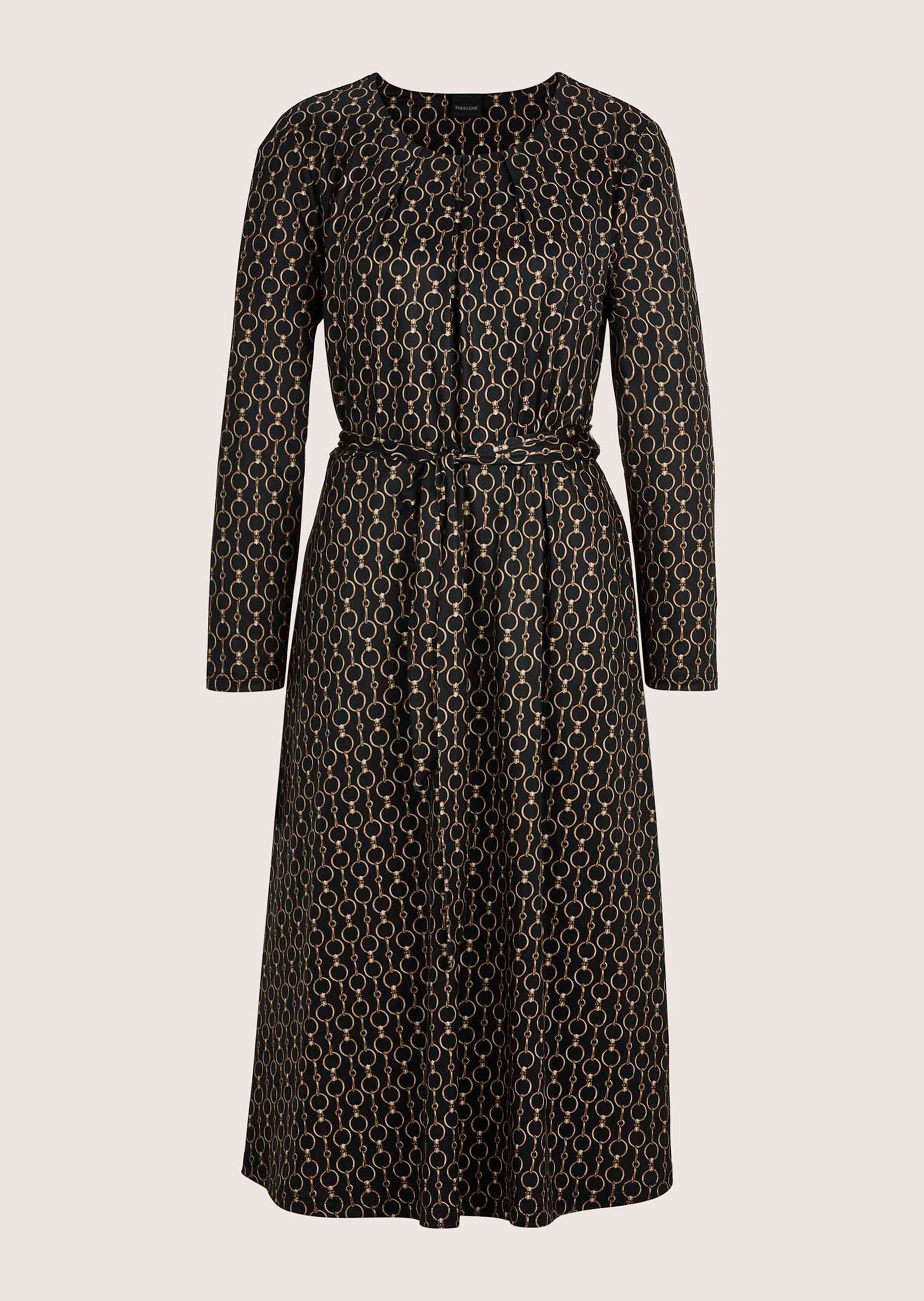 Sommerkleid MADELEINE "Kleid Elegantes Kleid mit grafischem Muster", Damen, Gr. 36, N-Gr, schwarz (schwarz, tabakbraun), Obermaterial: 95% Polyester PES. 5% Elasthan EL., Modern, Kleider Sommerkleid, Mit Taillennaht