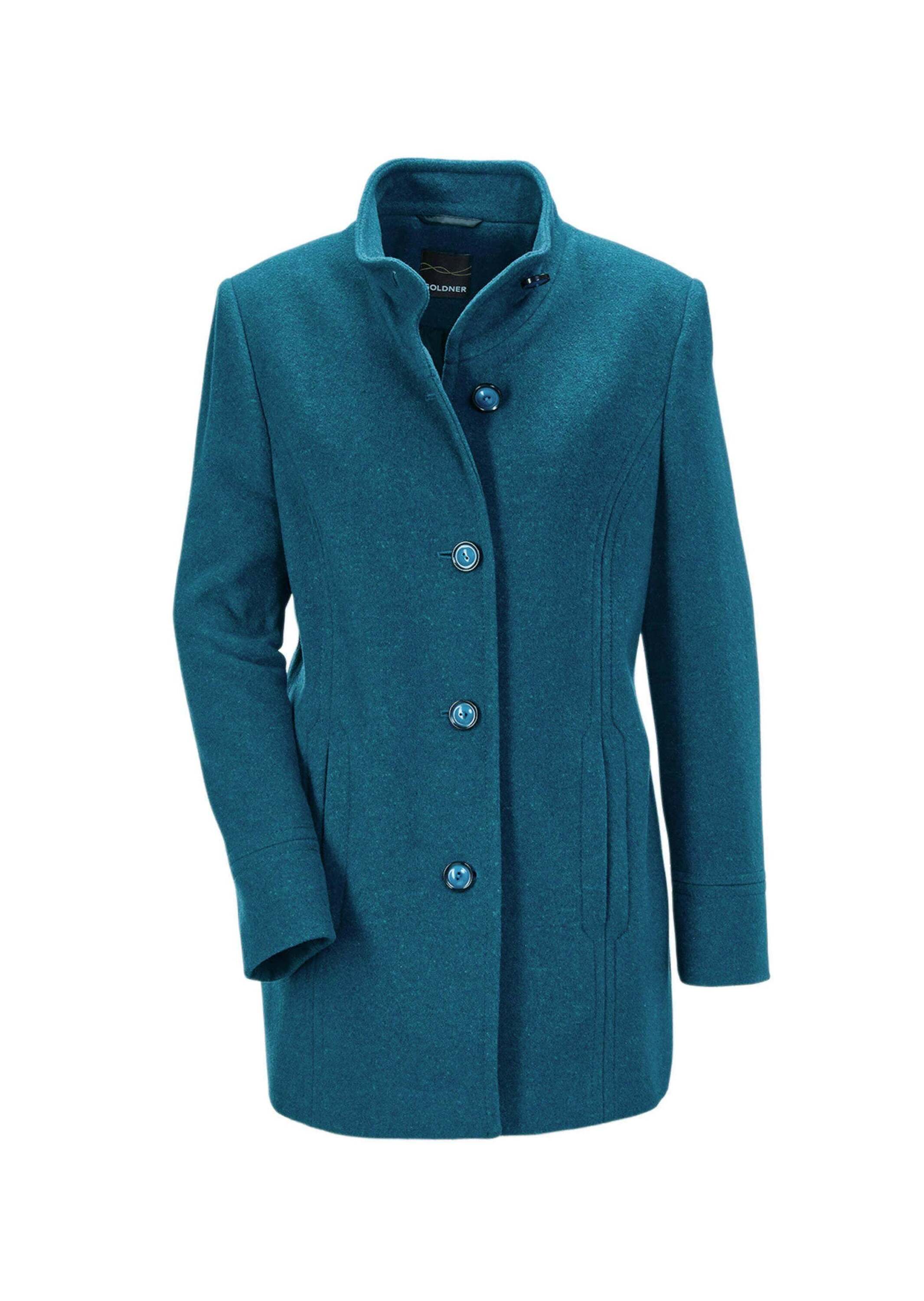 Wolljacke GOLDNER "Eleganter Wintermantel mit Stehkragen", Damen, Gr. 46, blau (petrol), Obermaterial: 60% Wolle WO. 25% Polyester PES. 10% Polyamid PA. 5% sonstige Fasern AF., weit Sonstiges, Jacken, Vielseitig zu kombinieren Image