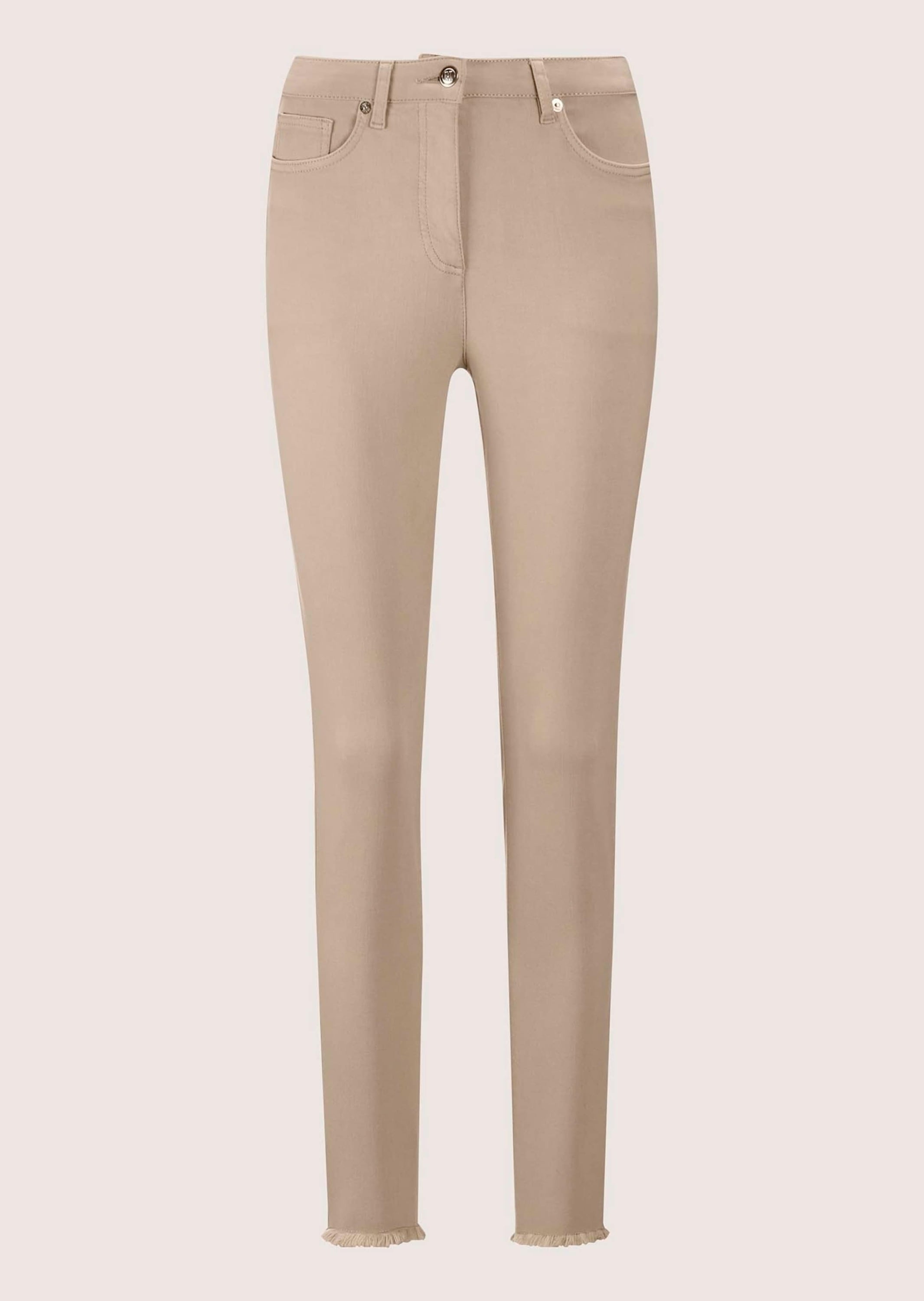 Regular-fit-Jeans MADELEINE "Jeans Mid Waist Skinny-Hose mit Fransen", Damen, Gr. 19, K-Gr, beige (berber), Obermaterial: 92% Baumwolle CO. 6% Polyester PES. 2% Elasthan EL., Jeans