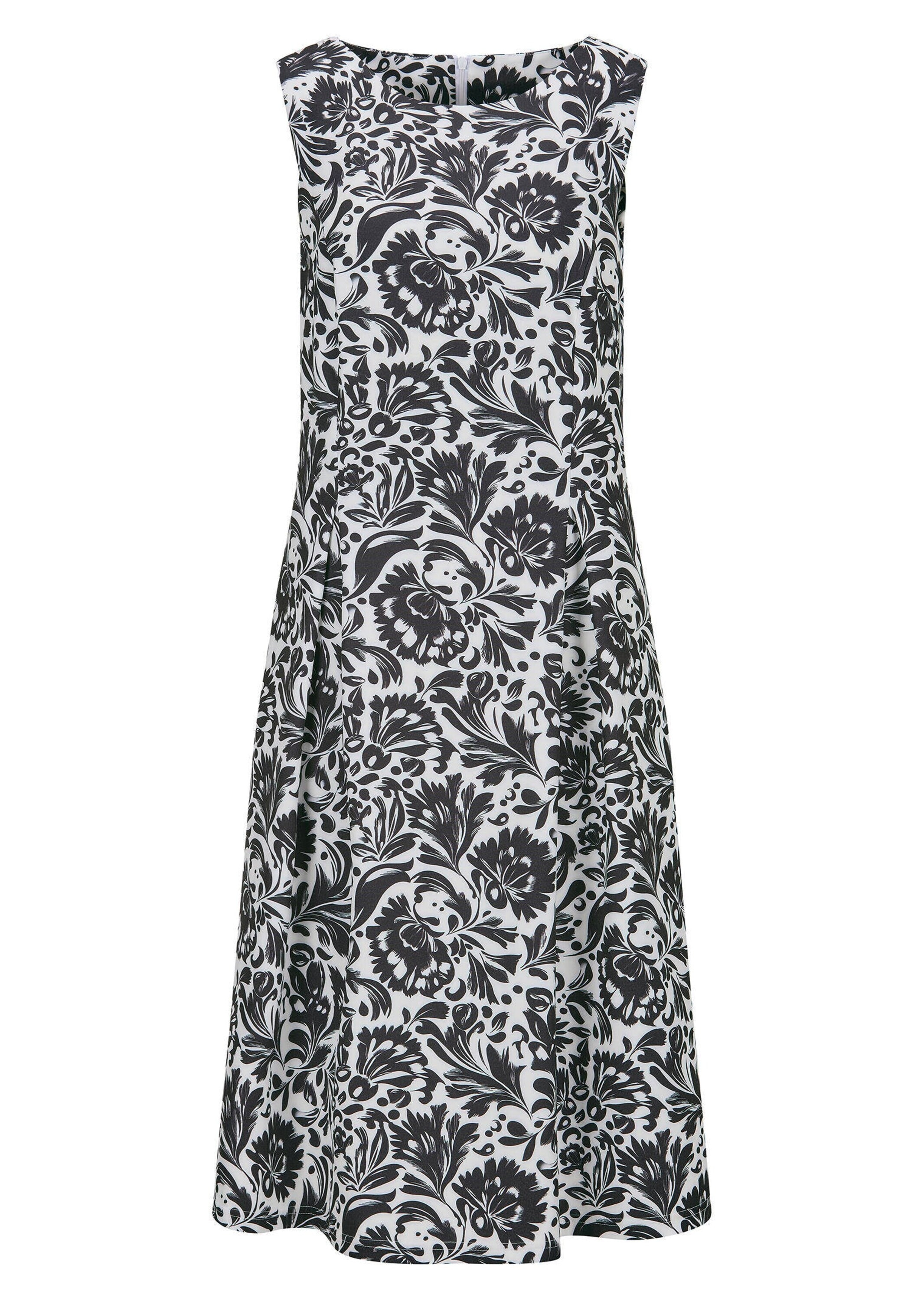 Sommerkleid GOLDNER "Elegantes Kleid aus Crêpe-Jersey", Damen, Gr. 54, N-Gr, schwarz (schwarz, weiß, gemustert), Obermaterial: 87% Polyester PES. 13% Elasthan EL., Kleider Sommerkleid