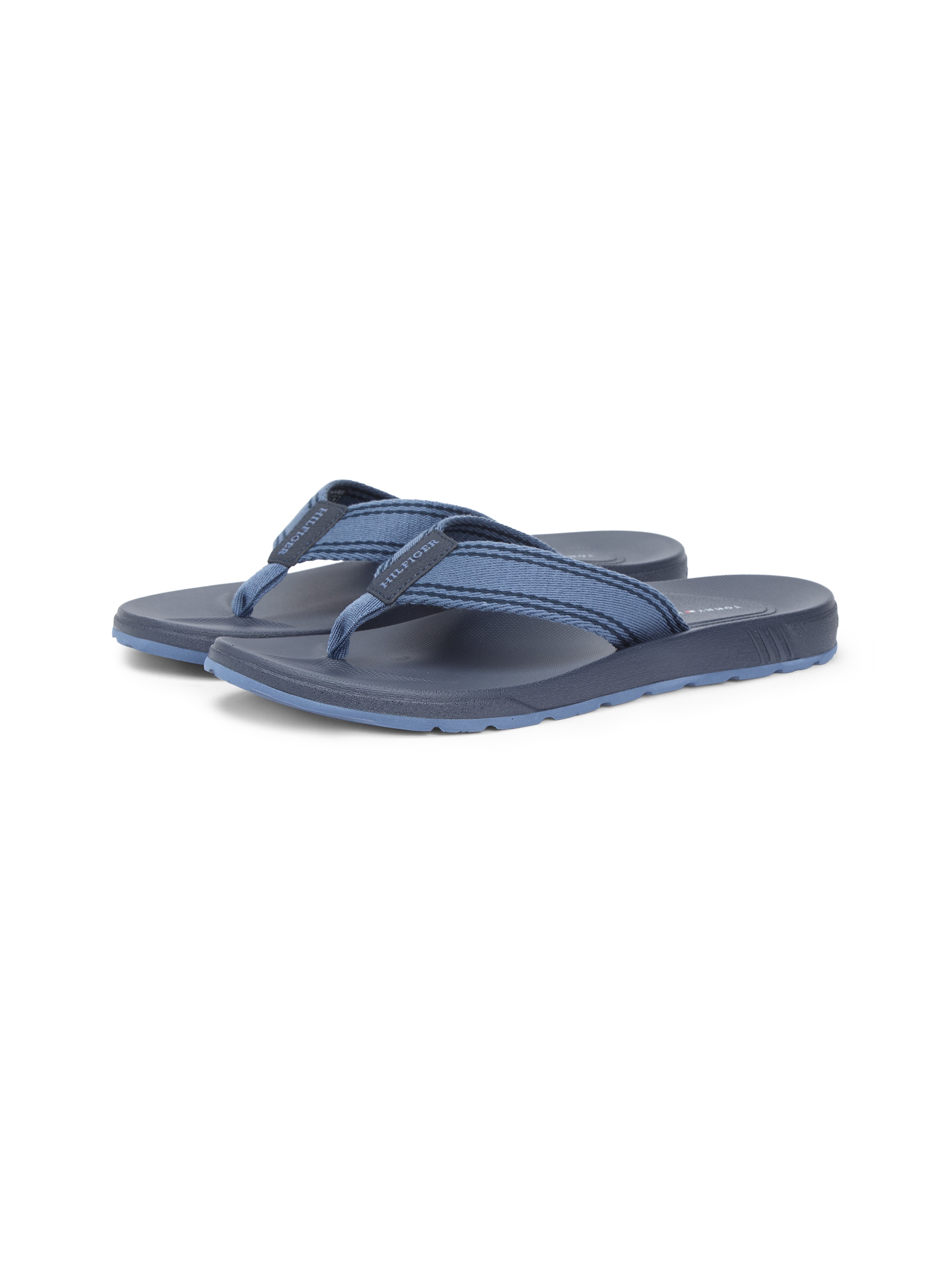 Zehentrenner TOMMY HILFIGER "MOLDED HILFIGER BEACH SANDAL", Herren, Gr. 44, blau, Textil, Schuhe Zehentrenner, Plateau, Sommerschuh, Strandschuh mit Streifen