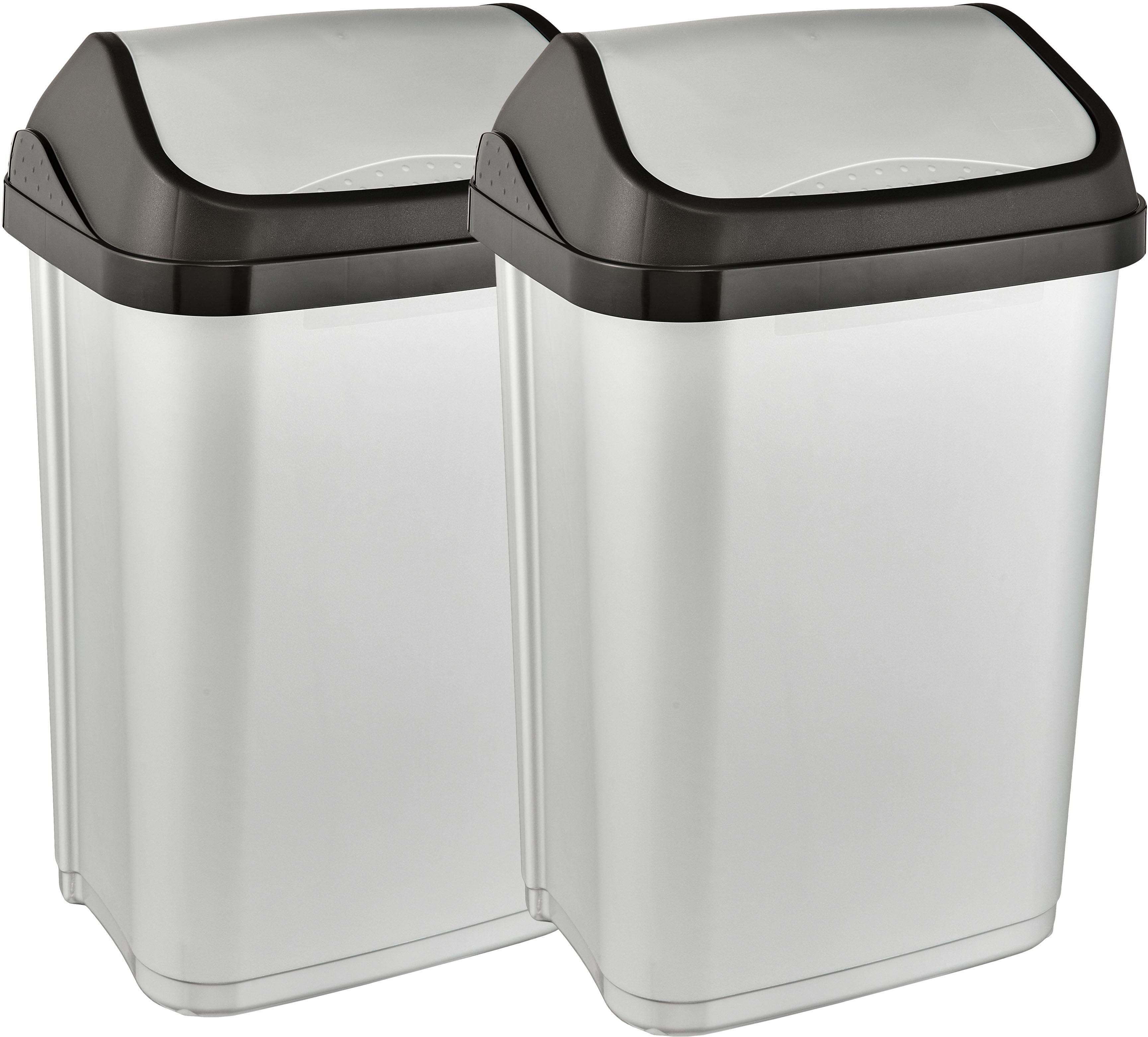 Mülleimer KEEEPER "swantje, 2er Set, Abfallbehälter mit Schwingdeckel", silberfarben, B:33,5cm H:25,5cm T:53,5cm, Kunststoff, Mülleimer, Mülleimer, Deckel komplett abnehmbar