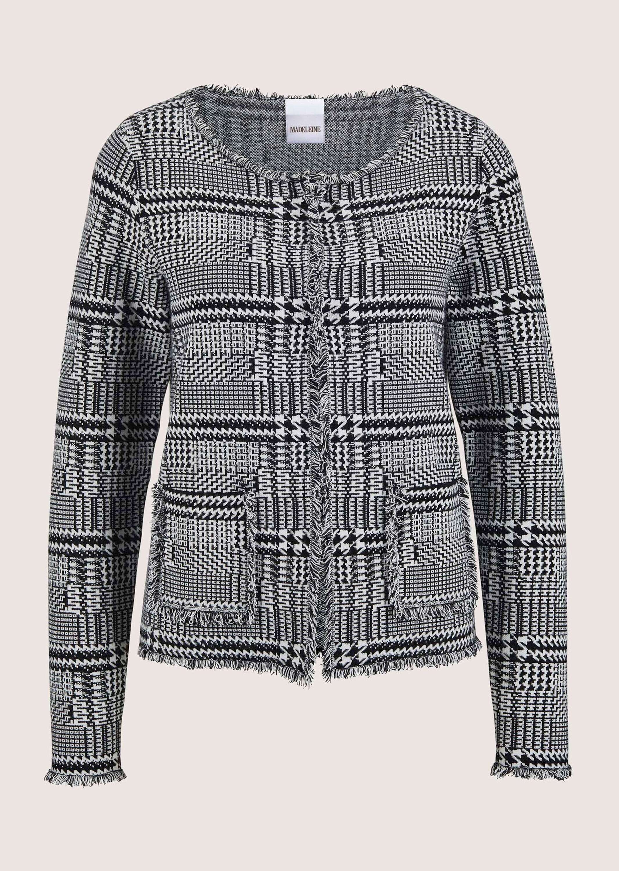Strickjacke MADELEINE "Strickjacke Kurze Strickjacke in Tweed-Optik", Damen, Gr. 40/42, schwarz (schwarz, weiß), Obermaterial: 72% Viskose CV. 28% Polyester PES., Modern, normal, U-Boot-Ausschnitt, Strickjacken Strickjacke
