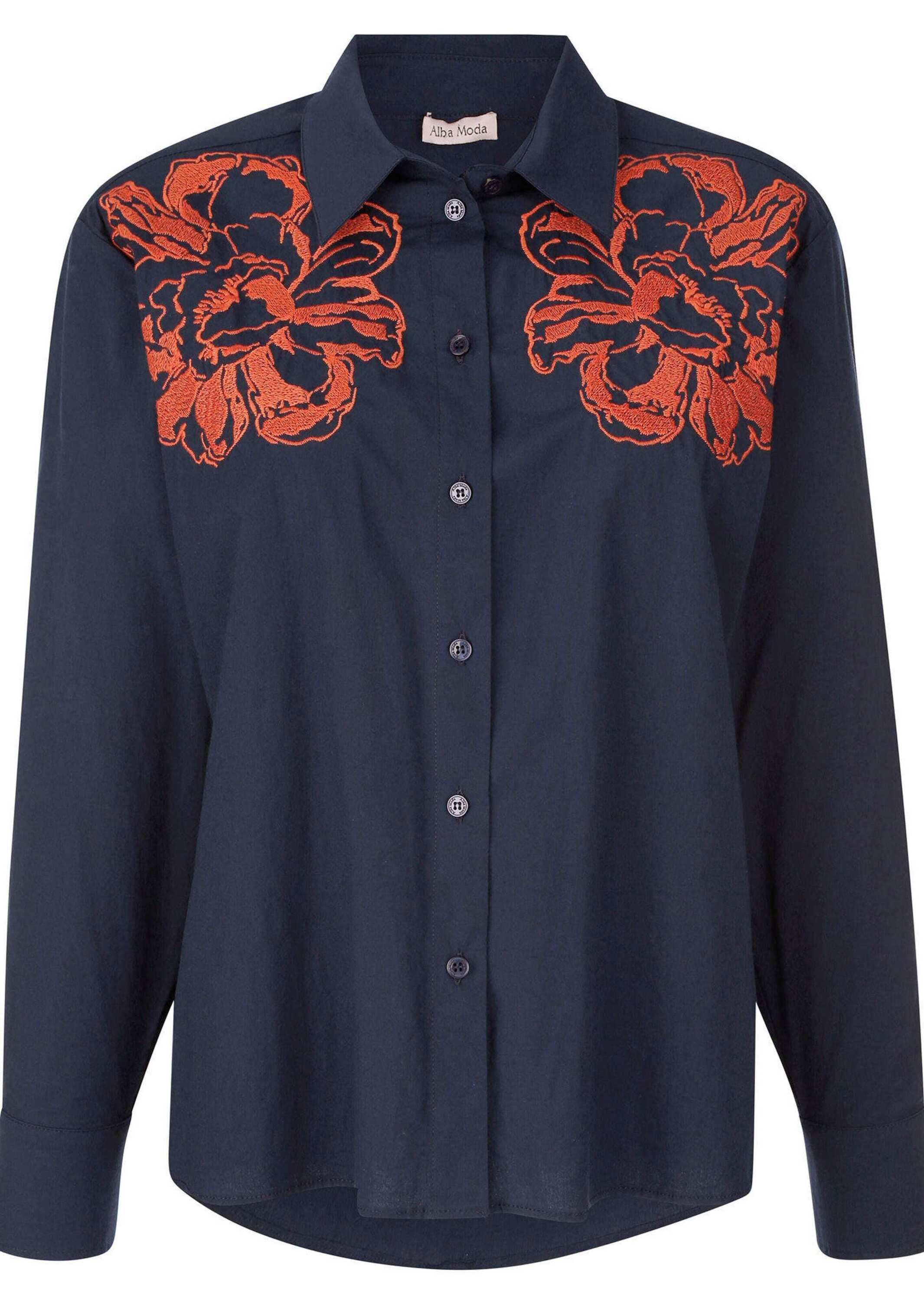 Hemdbluse ALBA MODA "Hemdbluse Hemdbluse mit Stickerei-Akzenten", Damen, Gr. 40, blau (marine), Obermaterial: 98% Baumwolle CO. 2% Elasthan EL., Modern, gerade, Blusen Hemdbluse