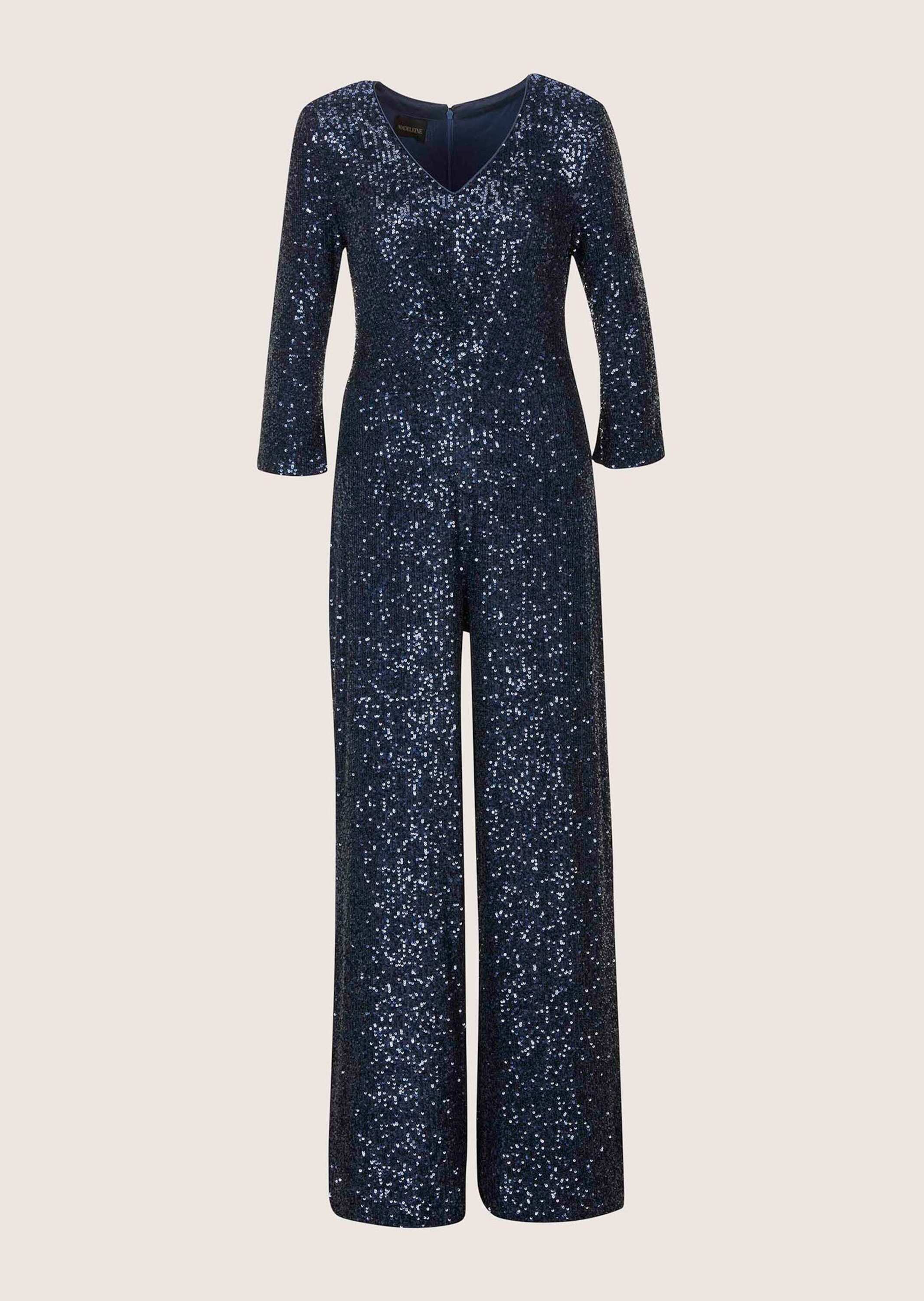 Overall MADELEINE "Jumpsuit Eleganter Pailletten-Einteiler", Damen, Gr. 40, N-Gr, blau (dunkelblau), Obermaterial: 100% Polyester PES., Overalls Overall