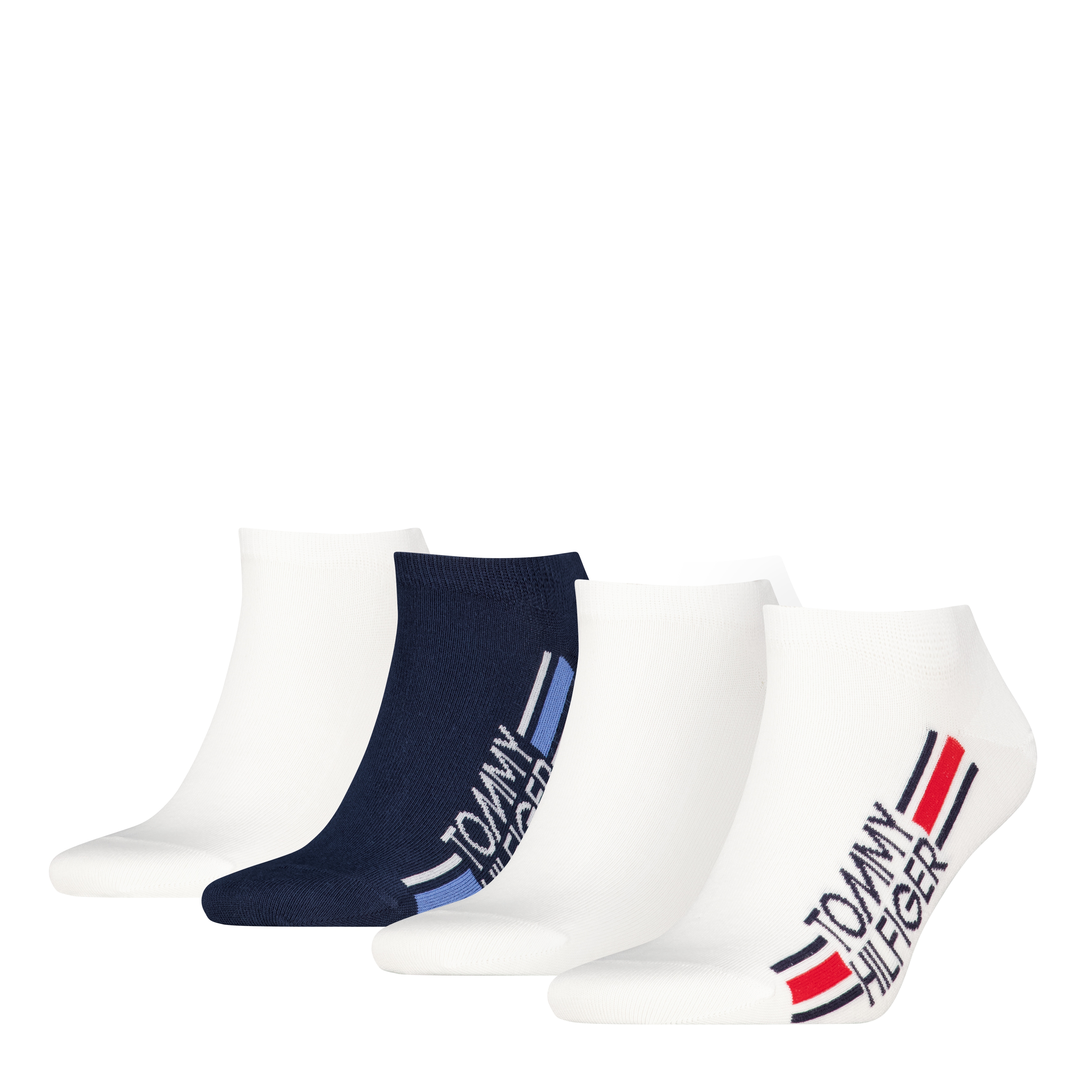 Sneakersocken TOMMY HILFIGER "TH MEN SNEAKER 4P LOGO STRIPE ECOM", Herren, Gr. 39-42, weiß, navy, Obermaterial: 74% Baumwolle, 25% Polyamid, 1% Elasthan, Socken Sneakersocken