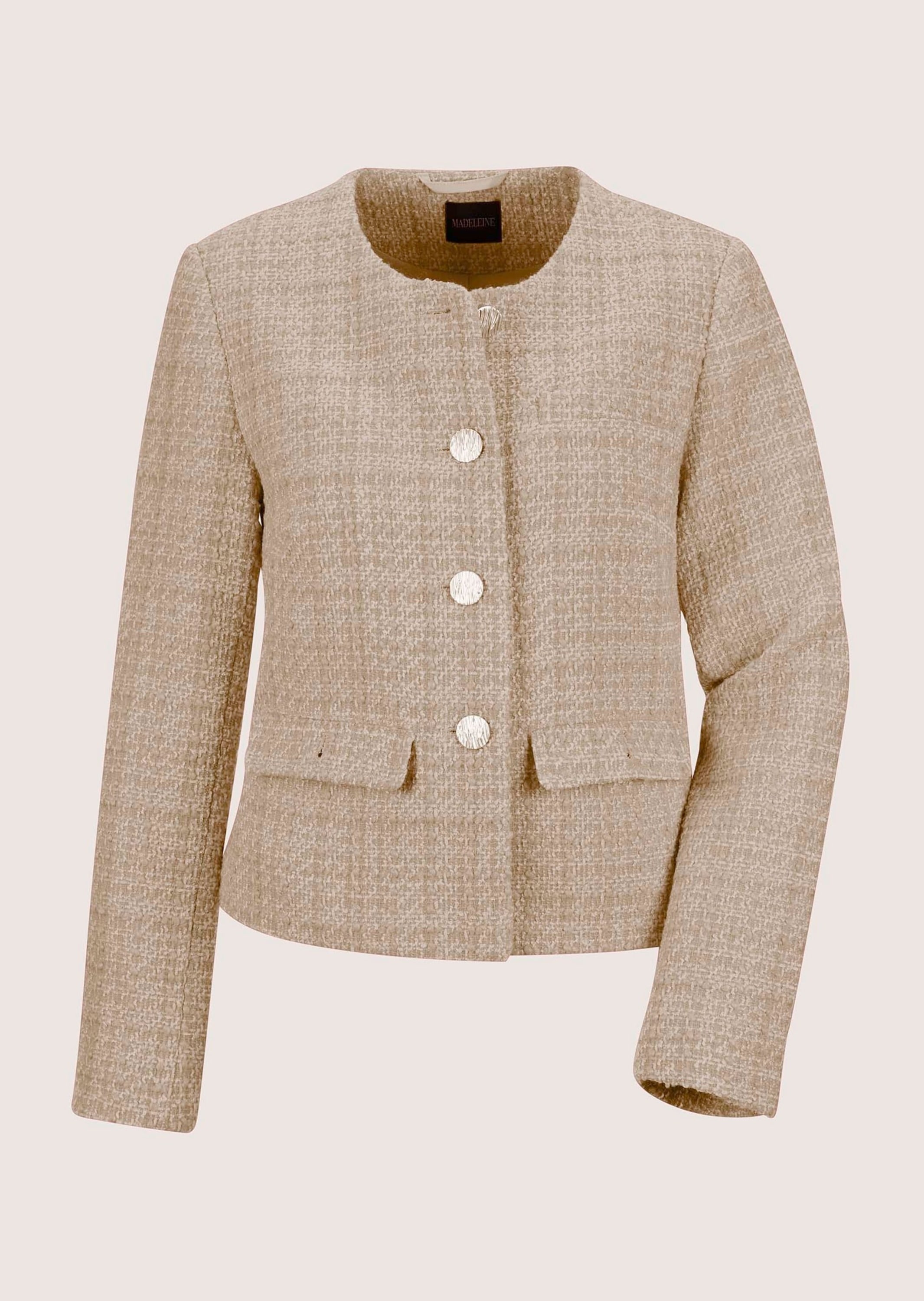 Jerseyblazer MADELEINE "Blazer Eleganter Tweed-Kurzblazer mit Metallknöpfen", Damen, Gr. 42, beige, Obermaterial: 80% Polyester PES. 20% Wolle WO., Blazer