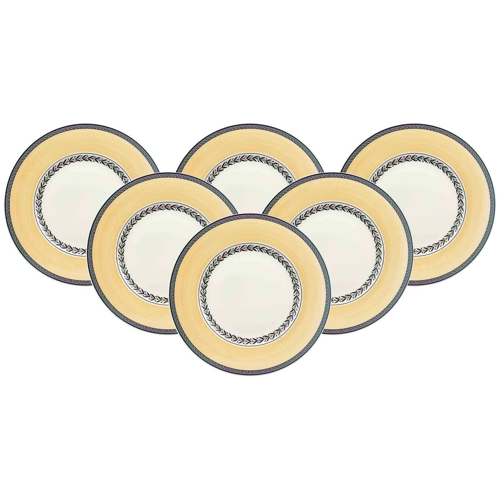 Frühstücksteller VILLEROY & BOCH "Frühstücksteller Audun Fleur ø 21,6 cm 6er Set weiß-grau-gelb", bunt (weiß, grau, gelb), Speiseteller