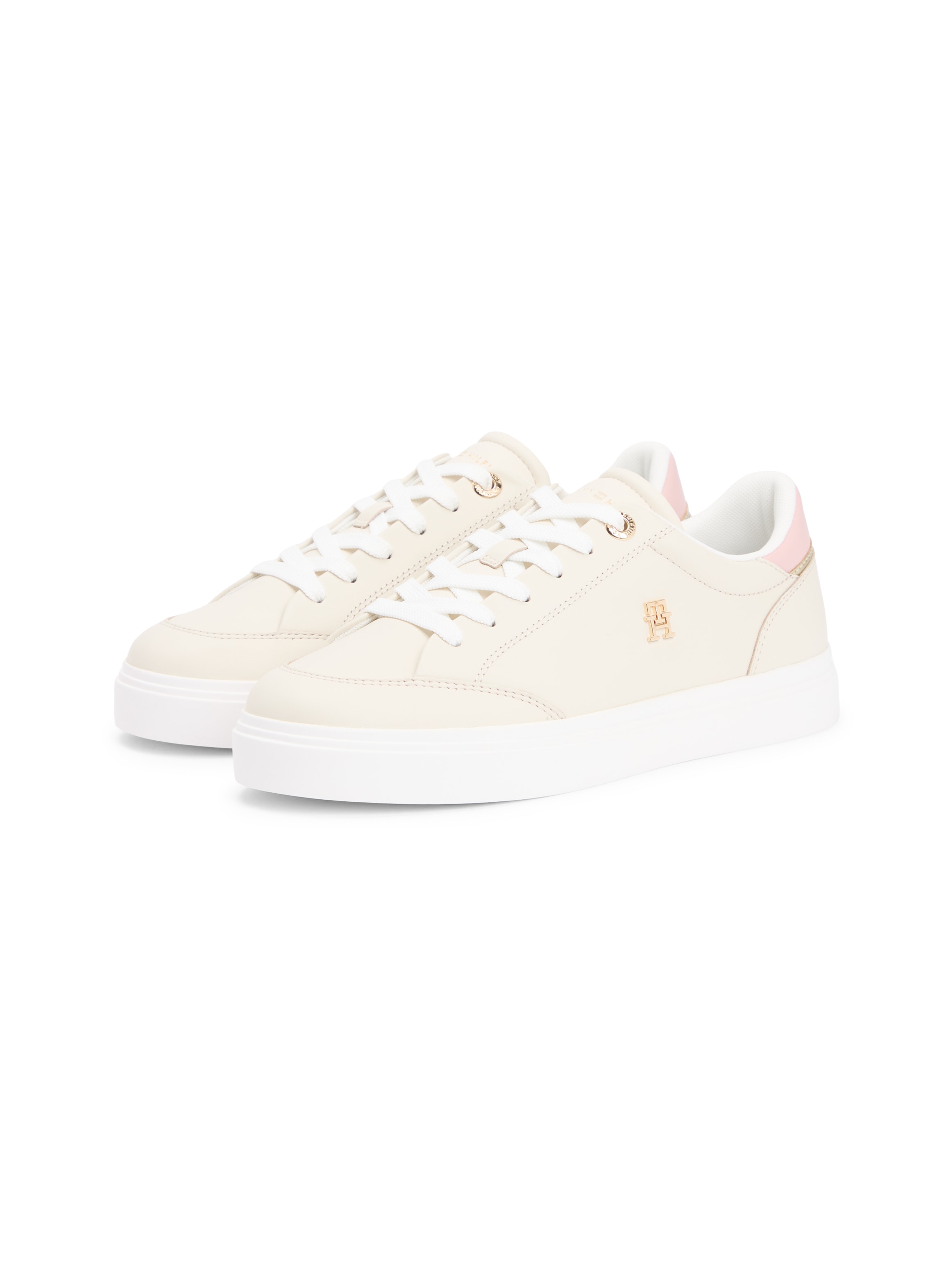 Plateausneaker TOMMY HILFIGER "TH CHIC CUPSOLE", Damen, Gr. 39, creme, Nappaleder, Schuhe Plateausneaker, Freizeitschuh, Halbschuh, Schnürschuh mit goldfarbenem TH-Logo